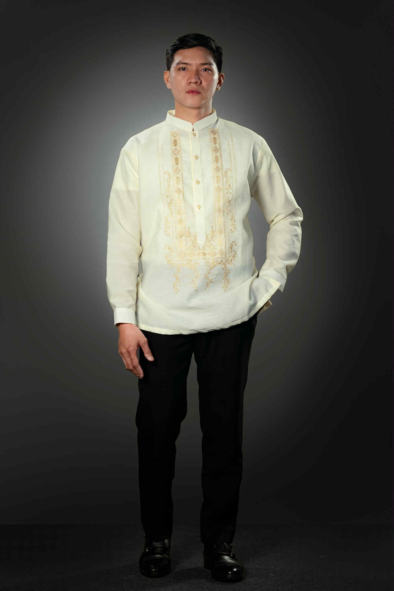 Men's QUEZON Classic Jusilyn Barong Tagalog in Brown - Chinese Collar - Mariqueño