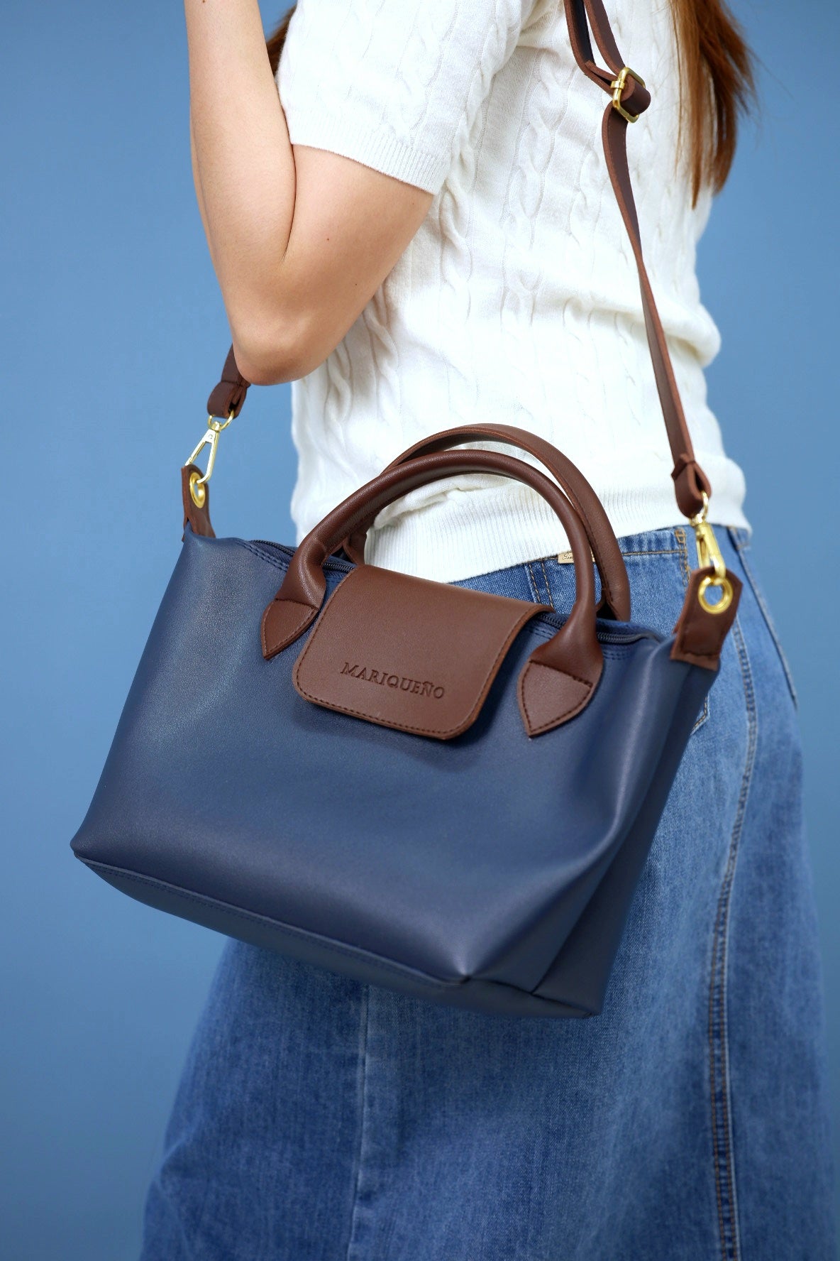 MARTHA Leather Tote Top Handle Sling Bag in Blue