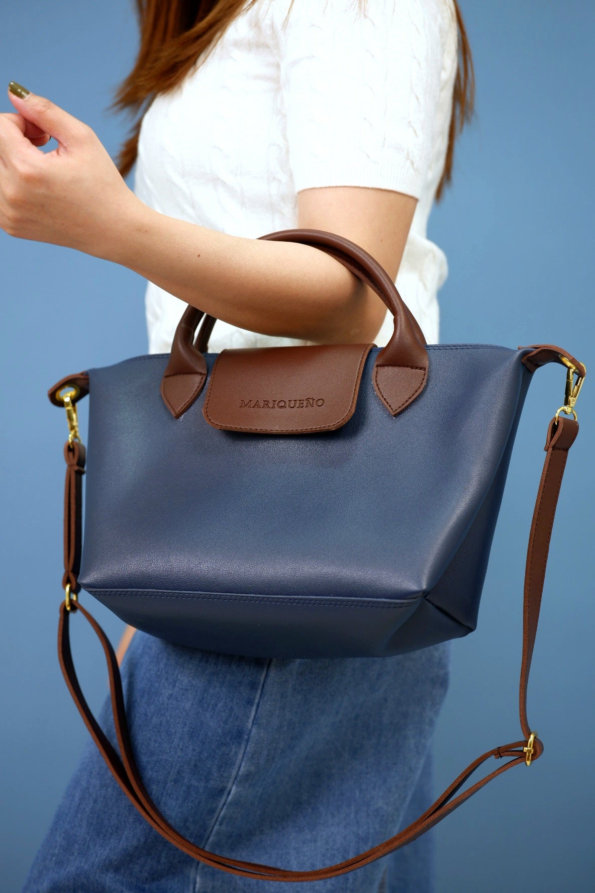 MARTHA Leather Tote Top Handle Sling Bag in Blue