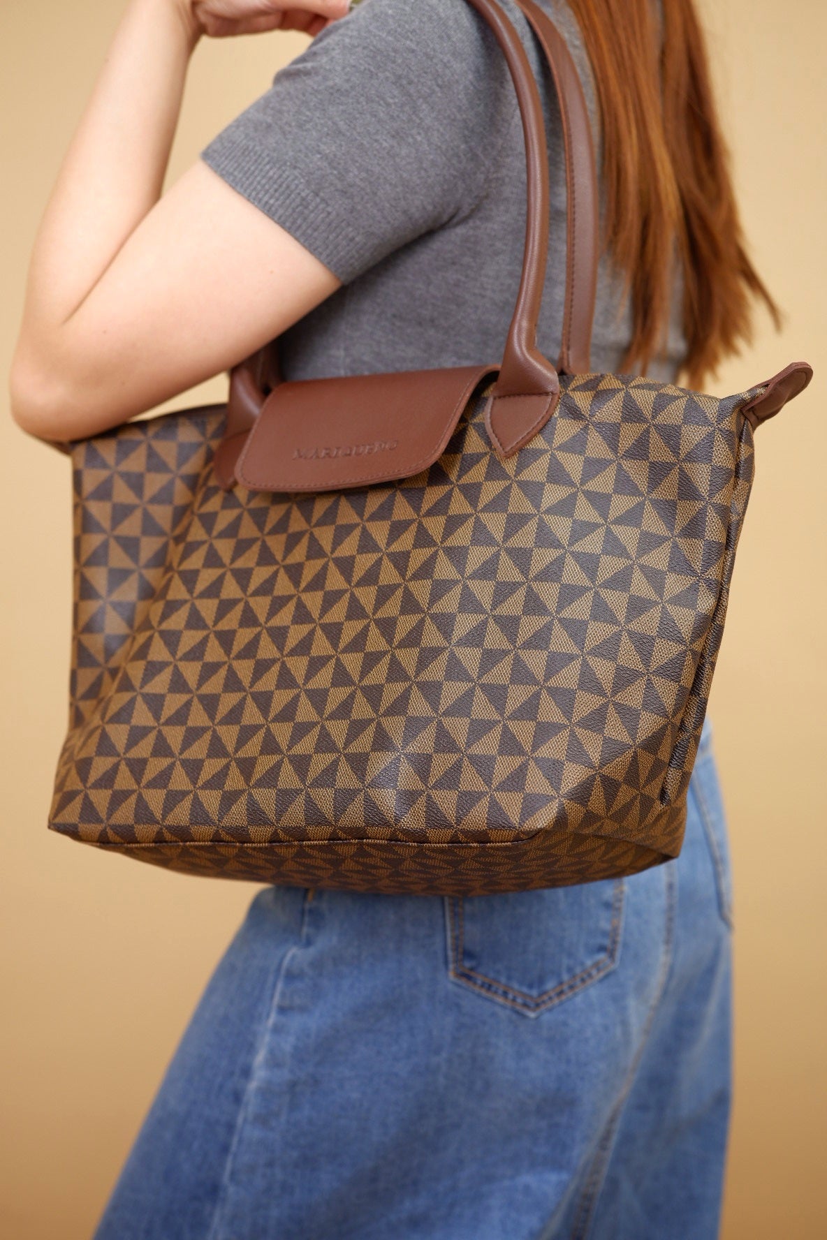 MARTHA Leather Tote in Mocha Geo