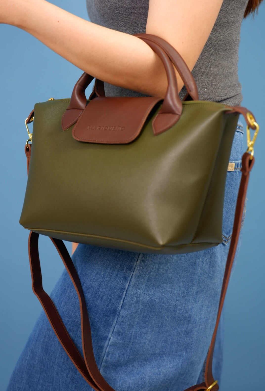 MARTHA Leather Tote Top Handle Sling Bag in Green