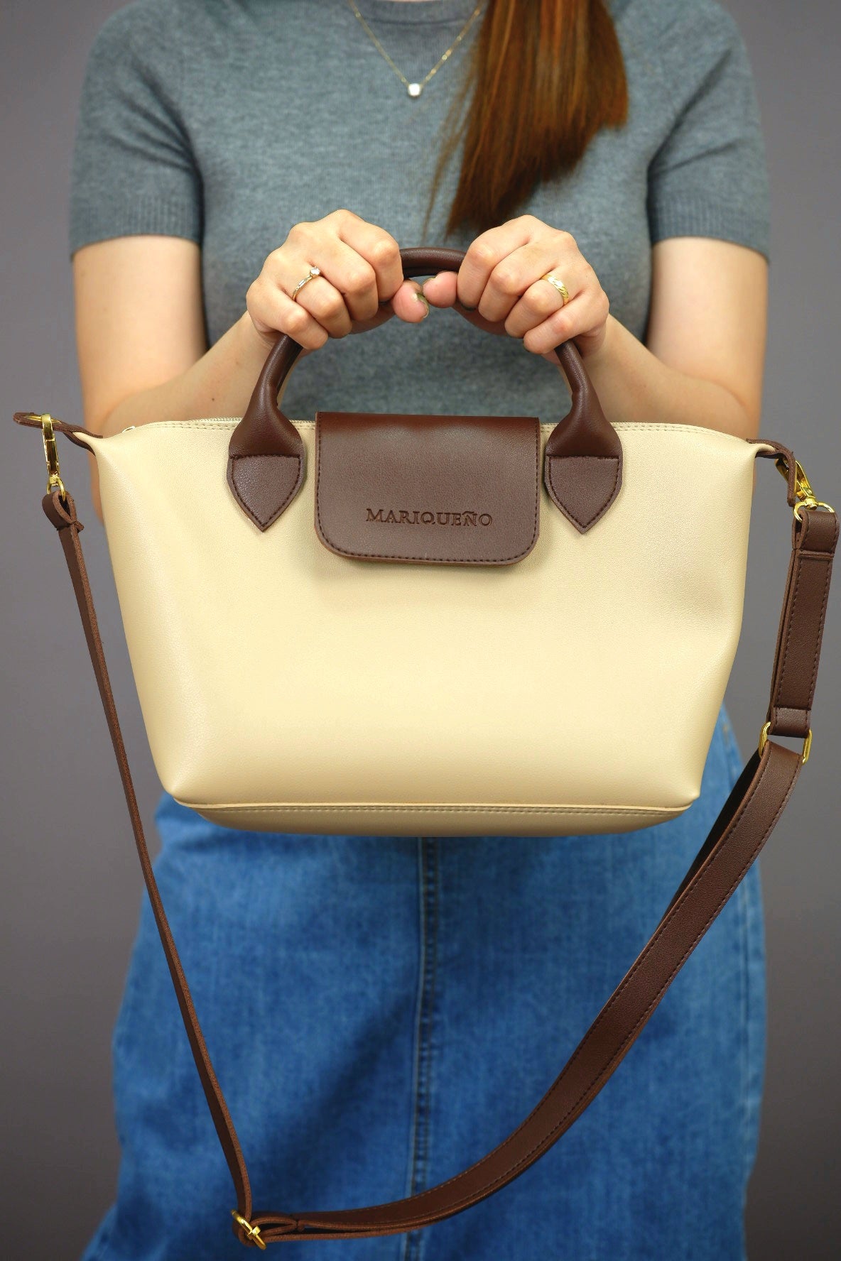 MARTHA Leather Tote Top Handle Sling Bag in Cream