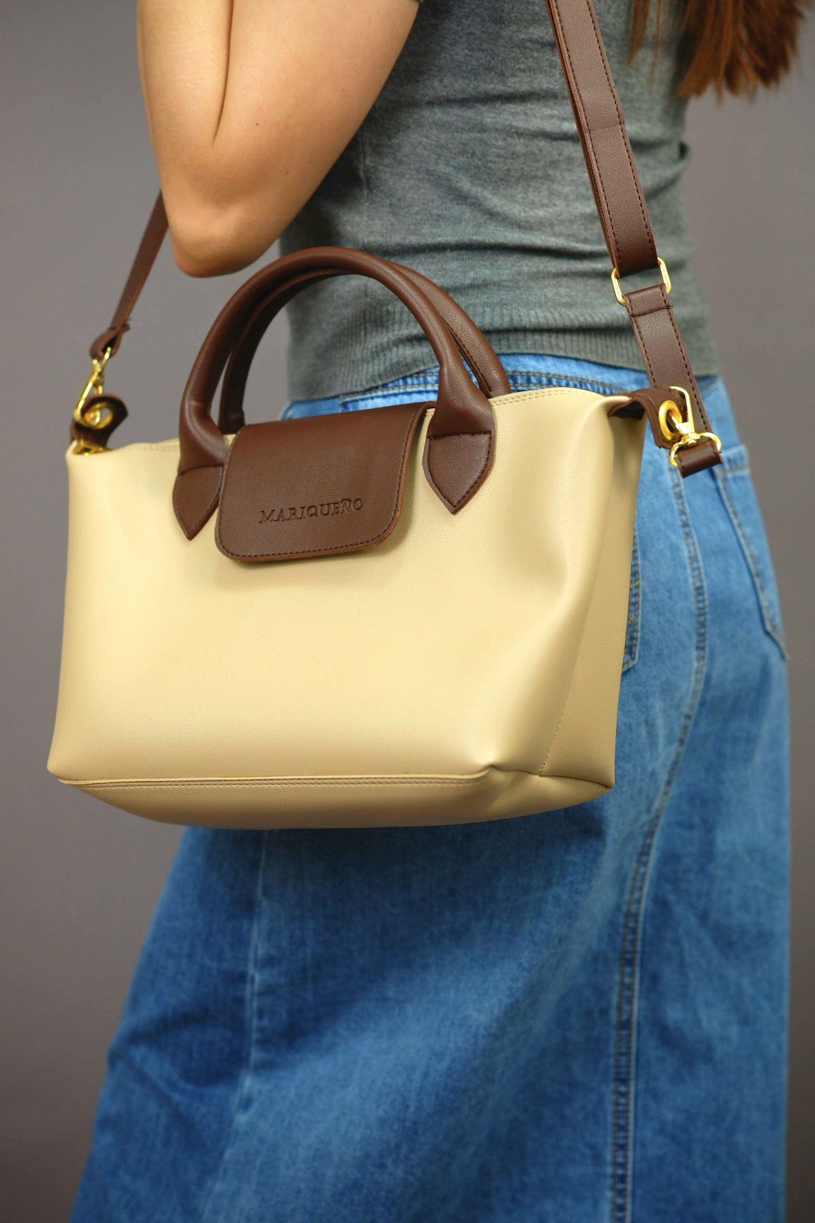 MARTHA Leather Tote Top Handle Sling Bag in Cream