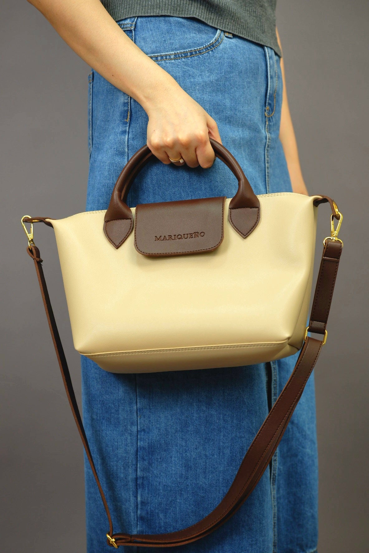 MARTHA Leather Tote Top Handle Sling Bag in Cream