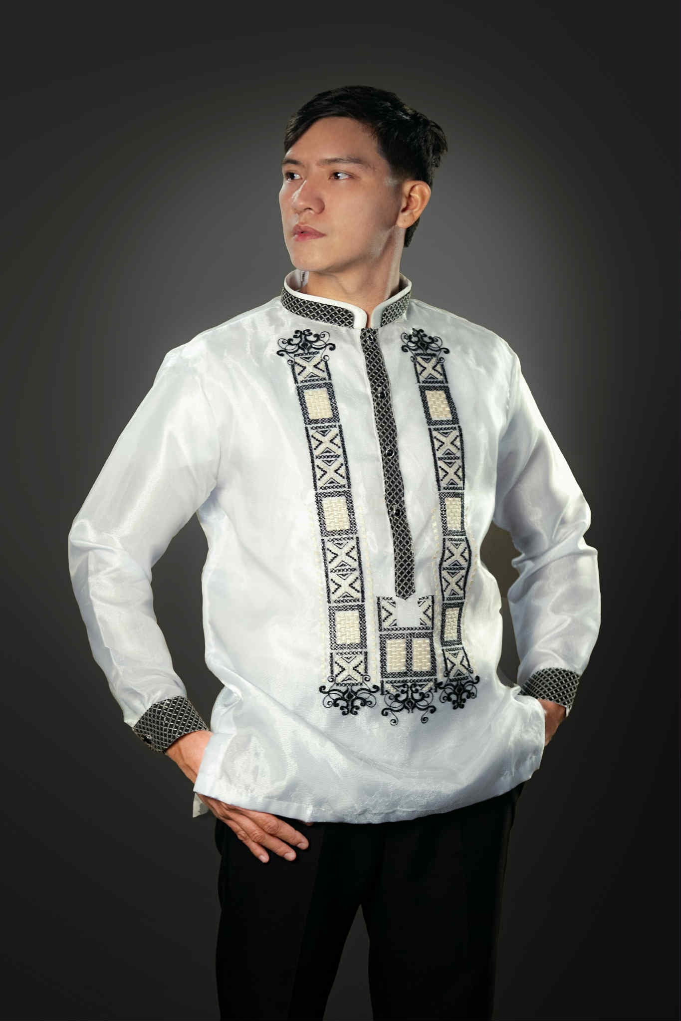 Men's GUEVARRA Piña Organza Barong Tagalog in Black - Chinese Collar by Mariqueño