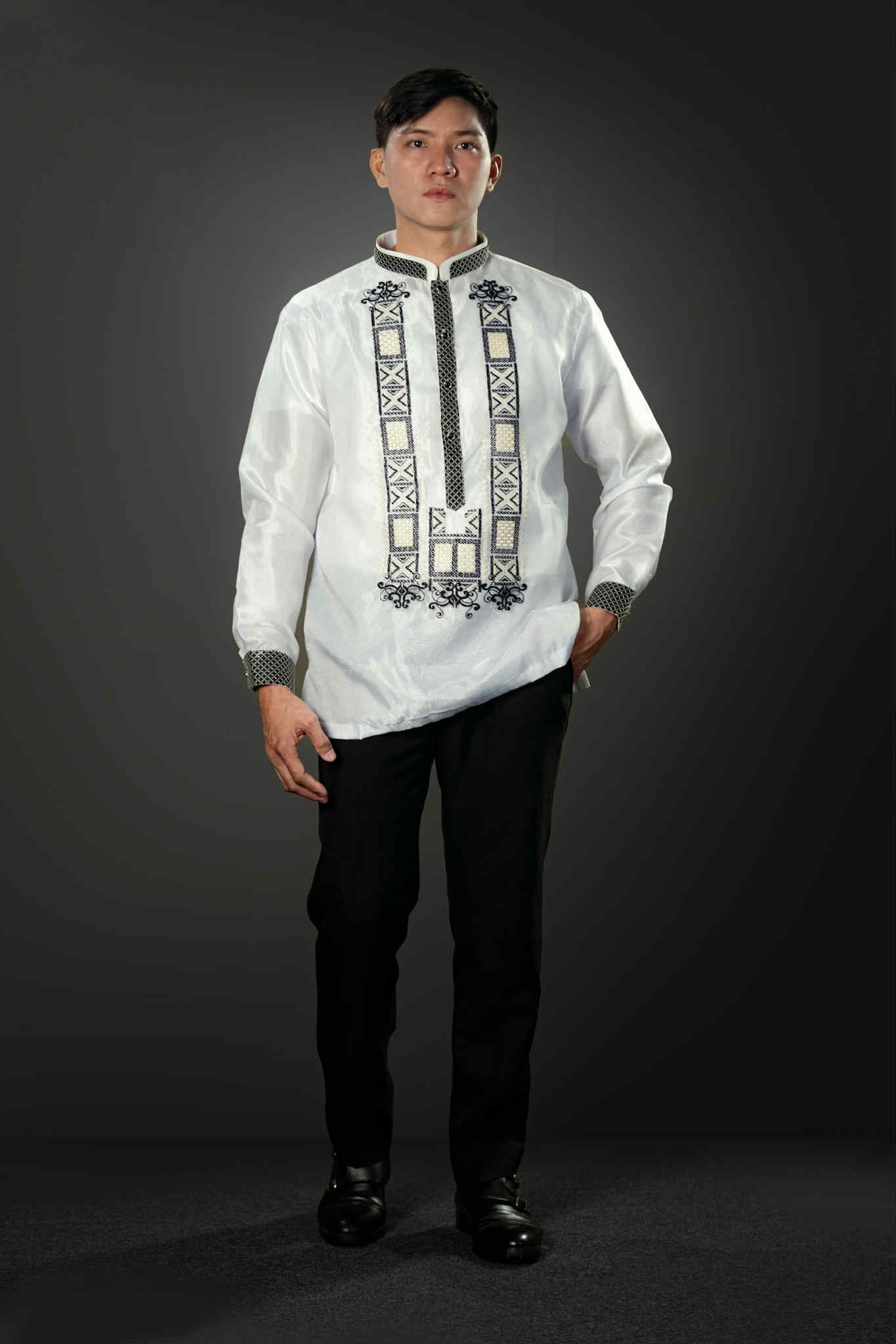 Men's GUEVARRA Piña Organza Barong Tagalog in Black - Chinese Collar by Mariqueño