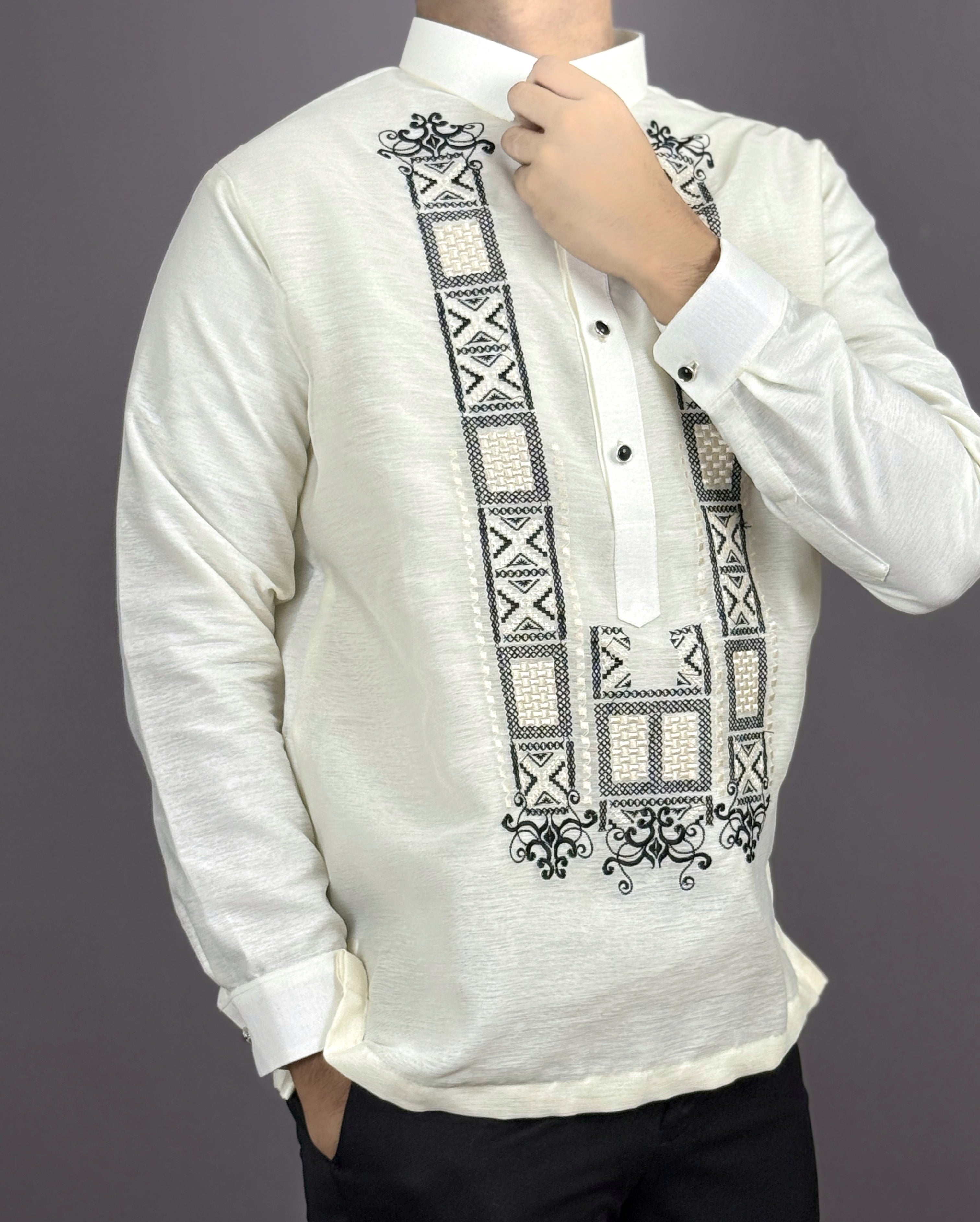 Men's GUEVARRA Jusilyn Barong Tagalog in Black - Sport Collar