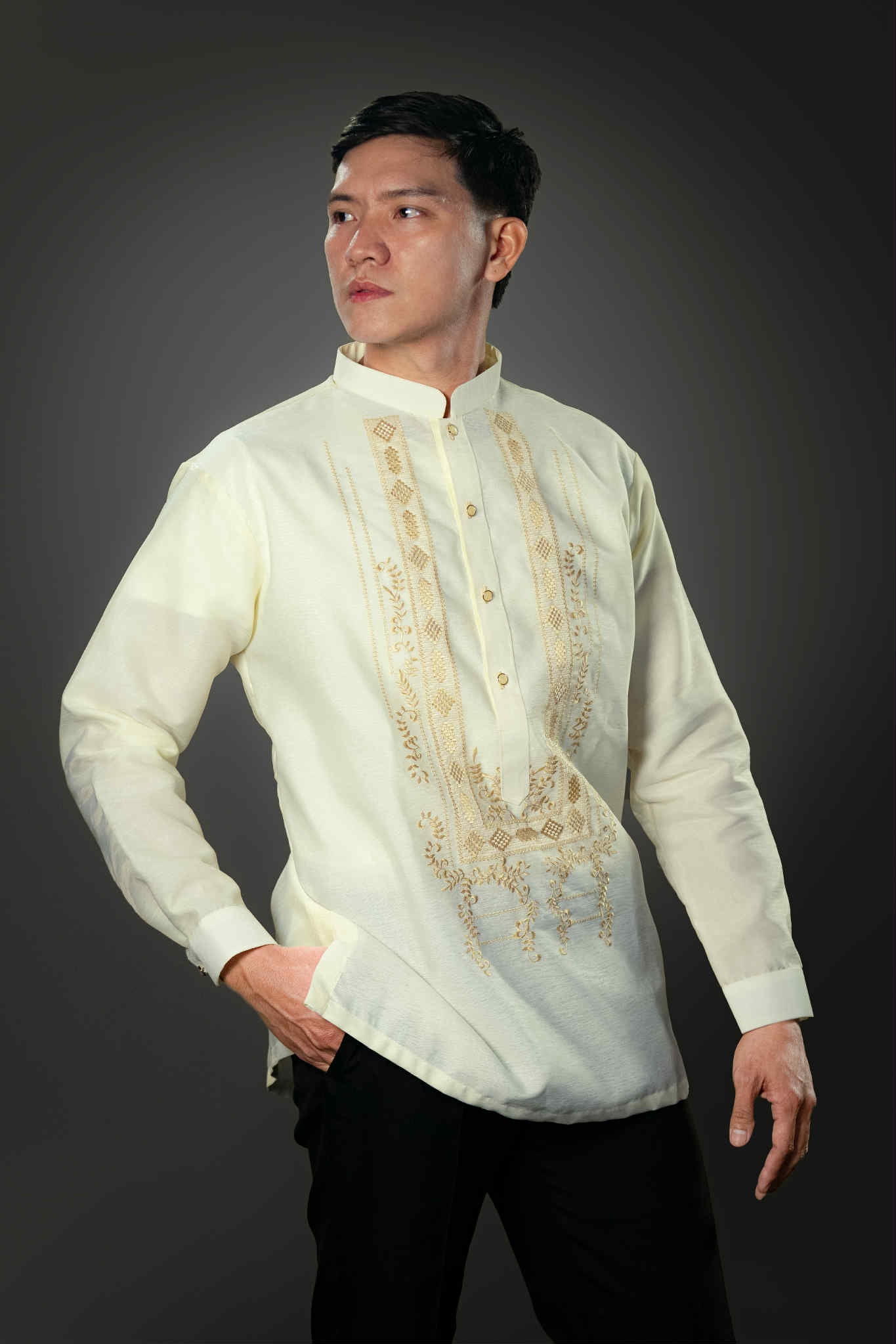 Men's QUEZON Classic Jusilyn Barong Tagalog in Brown - Chinese Collar - Mariqueño