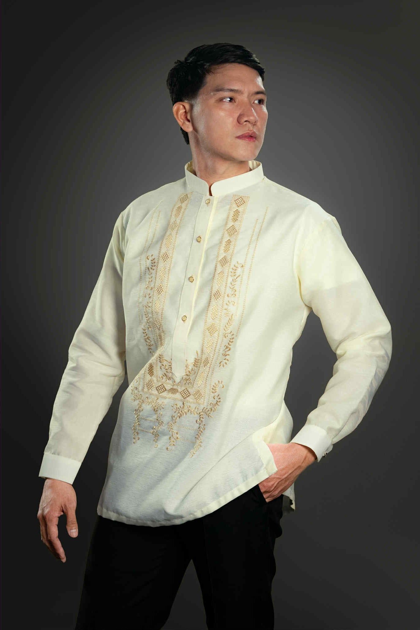 Men's QUEZON Classic Jusilyn Barong Tagalog in Brown - Chinese Collar - Mariqueño