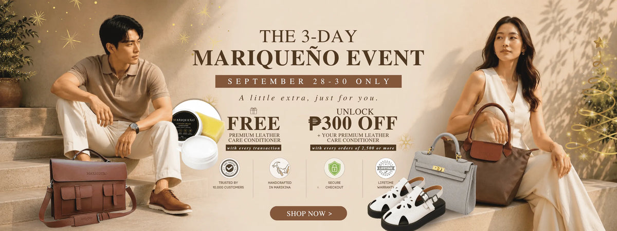 Promotional banner for a 'The 3-Day Mariqueno Event' featuring a man and a woman in a warm, elegant setting. A man on the left wears a beige polo shirt and white trousers next to a brown leather bag, while a woman on the right wears a white sleeveless dress and holds a brown handbag.