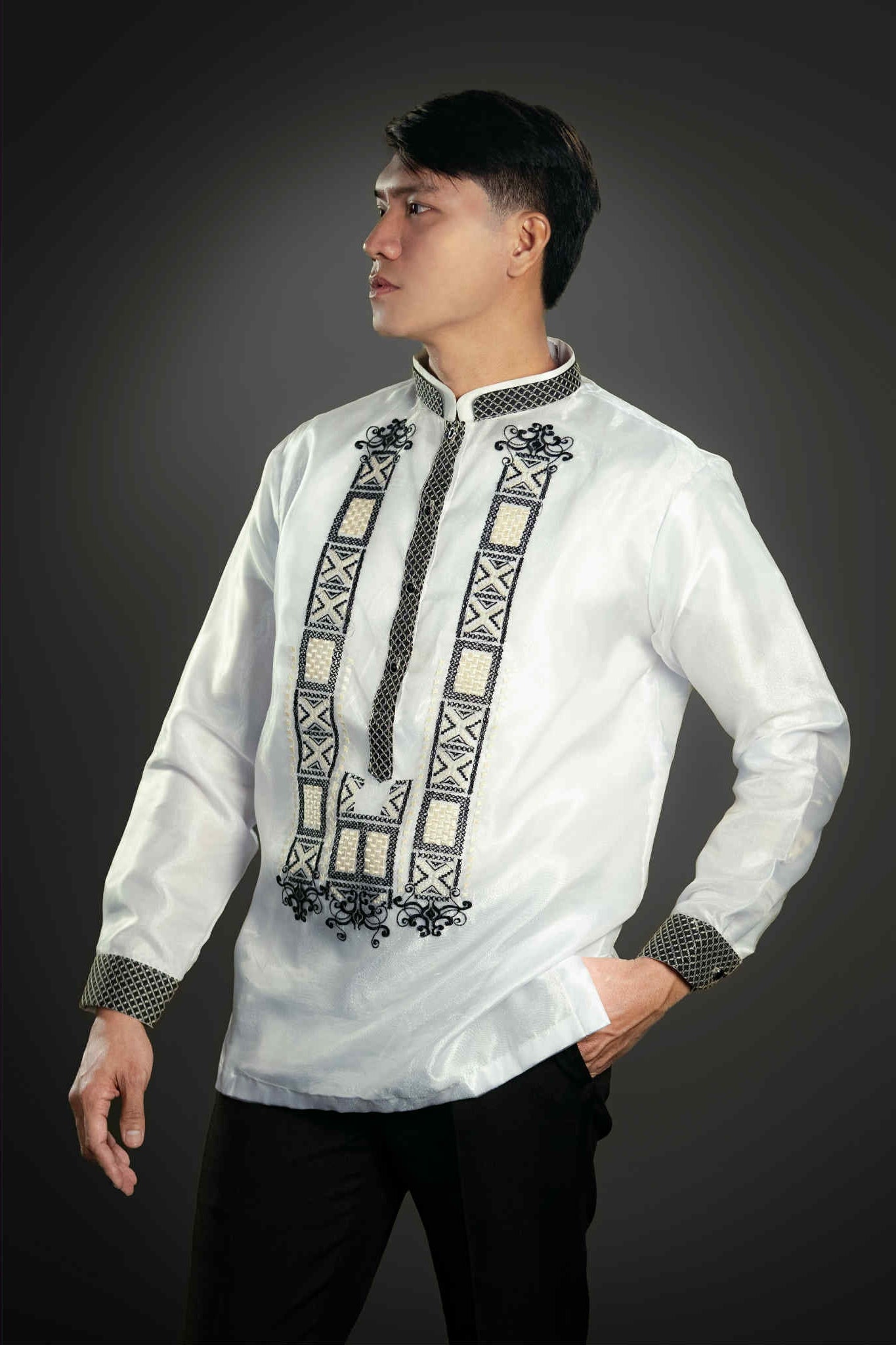 Men's GUEVARRA Piña Organza Barong Tagalog in Black - Chinese Collar by Mariqueño