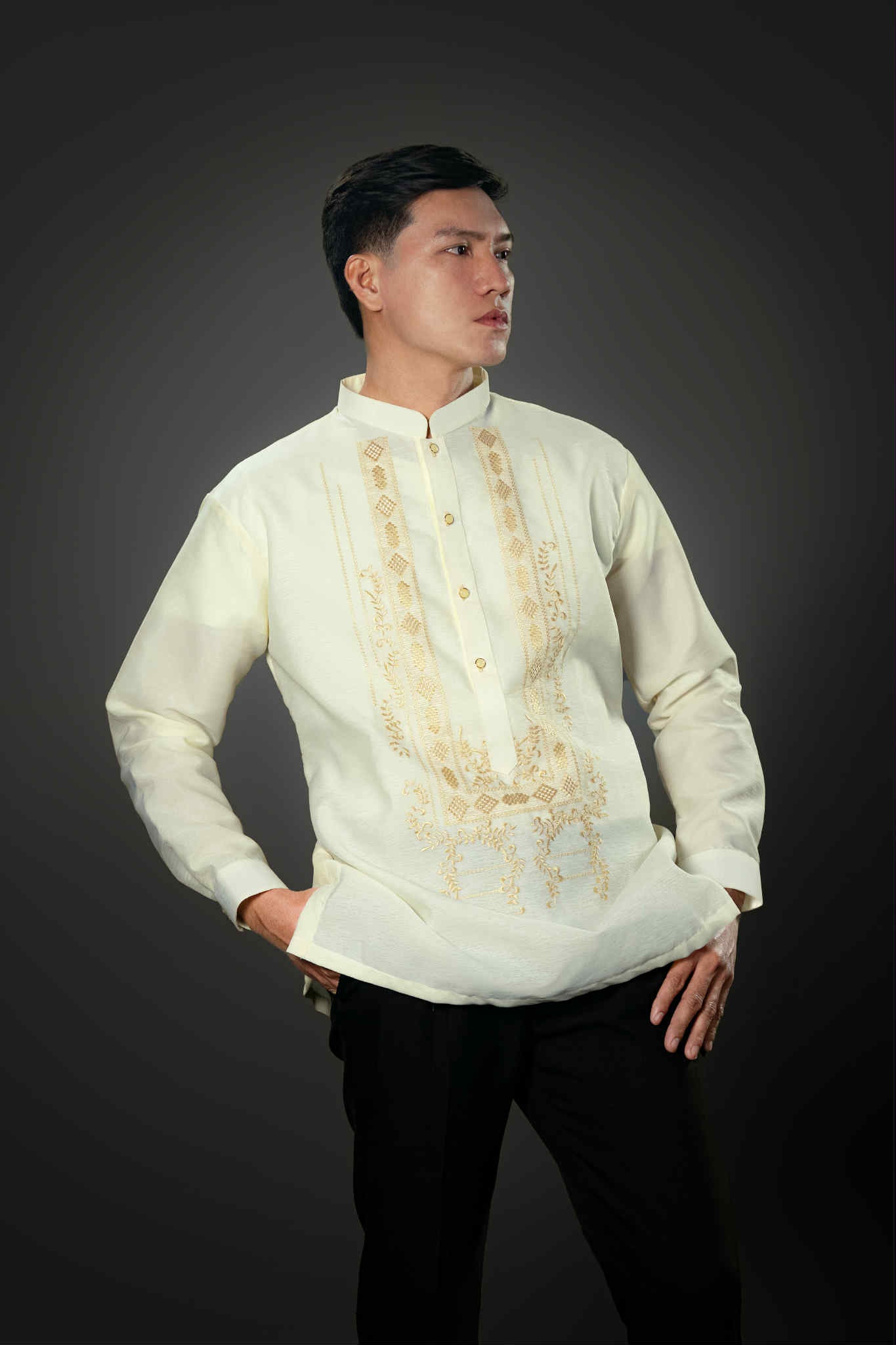 Men's QUEZON Classic Jusilyn Barong Tagalog in Brown - Chinese Collar - Mariqueño