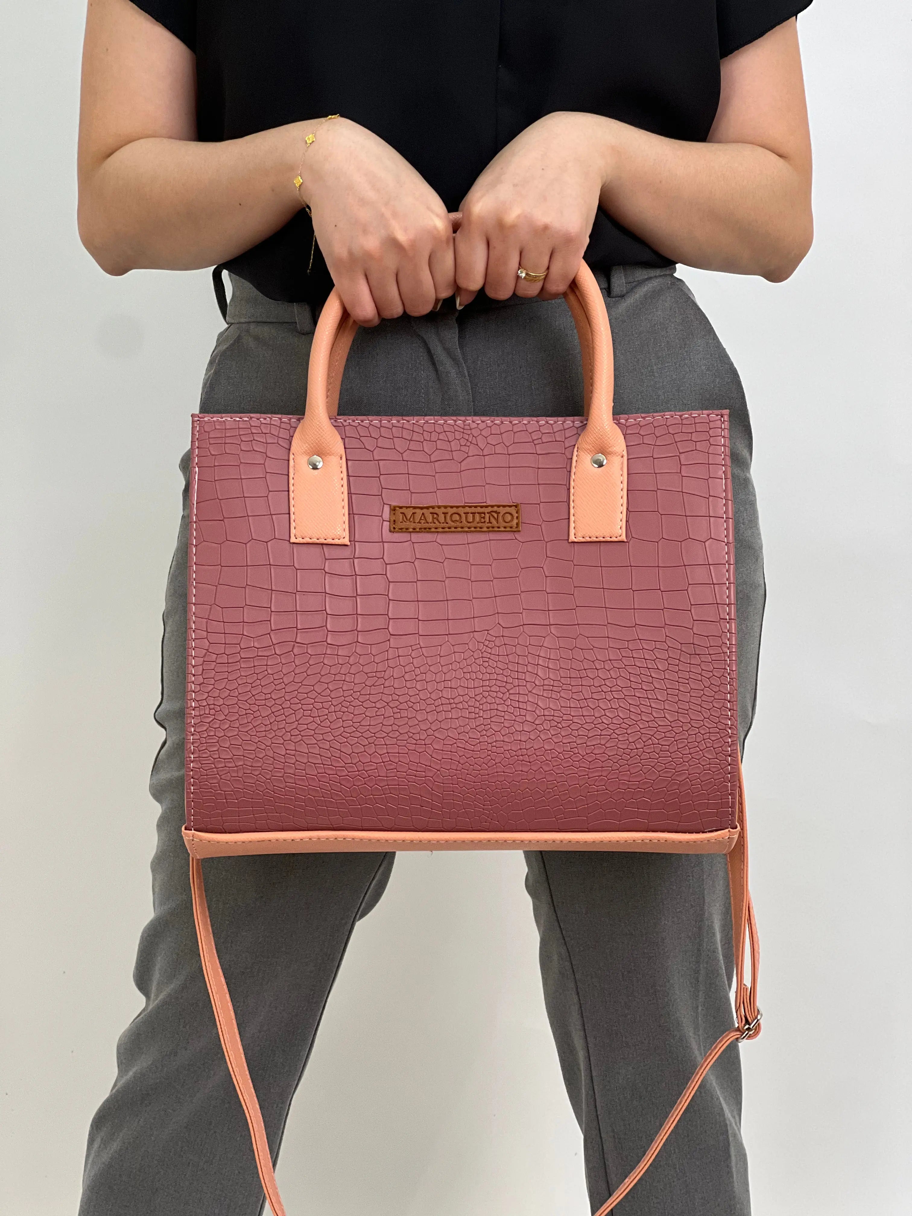 MADELINE Croc Embossed Satchel Bag in Old Rose by Mariqueño