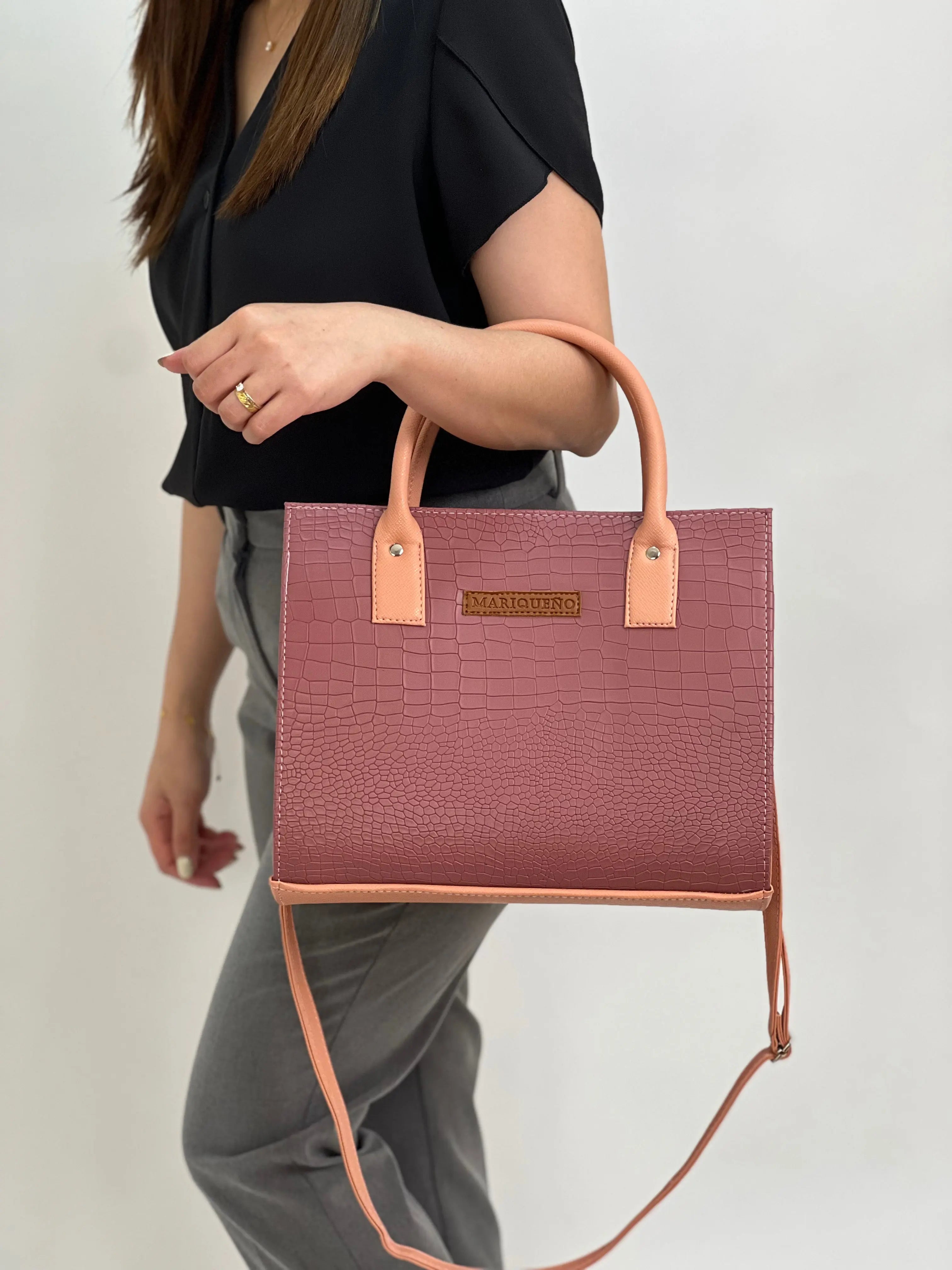 MADELINE Croc Embossed Satchel Bag in Old Rose by Mariqueño