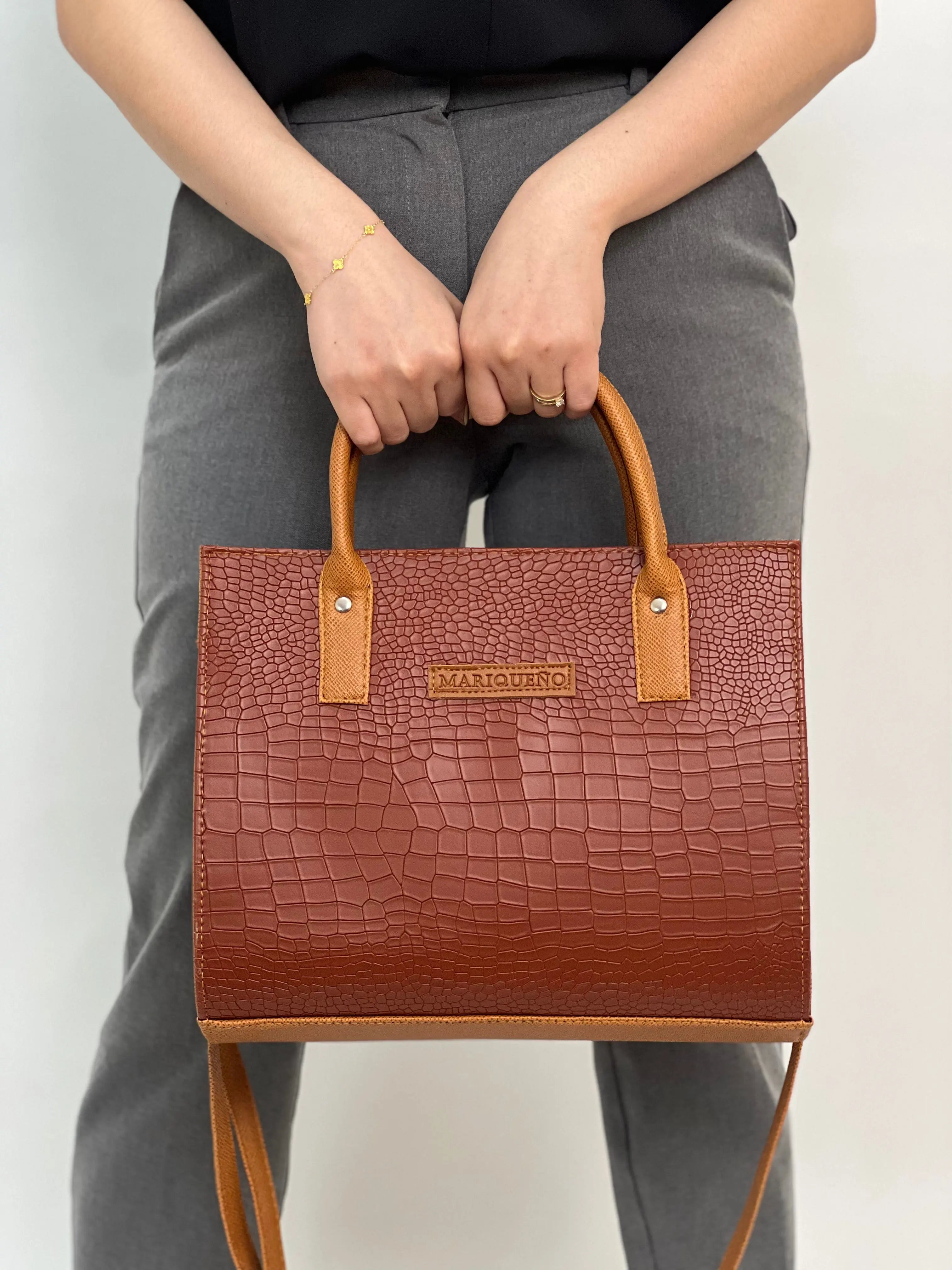 MADELINE Croc Embossed Satchel Bag in Choco Brown by Mariqueño
