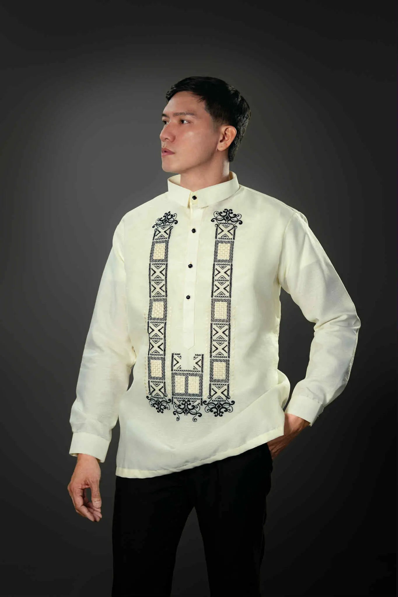Men's GUEVARRA Jusilyn Barong Tagalog in Black - Sport Collar | by Mariqueño ( )