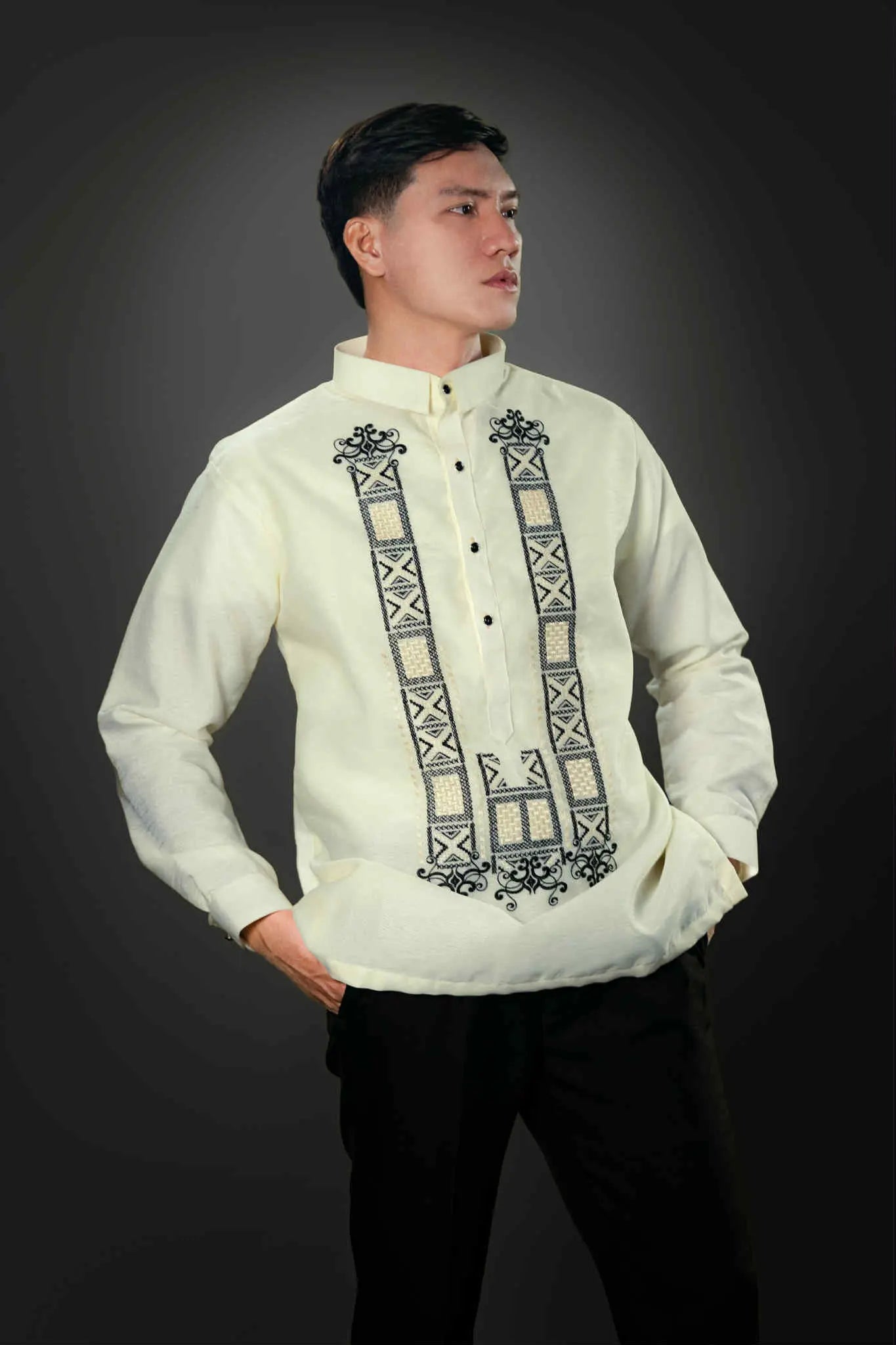 Men's GUEVARRA Jusilyn Barong Tagalog in Black - Sport Collar | by Mariqueño ( )