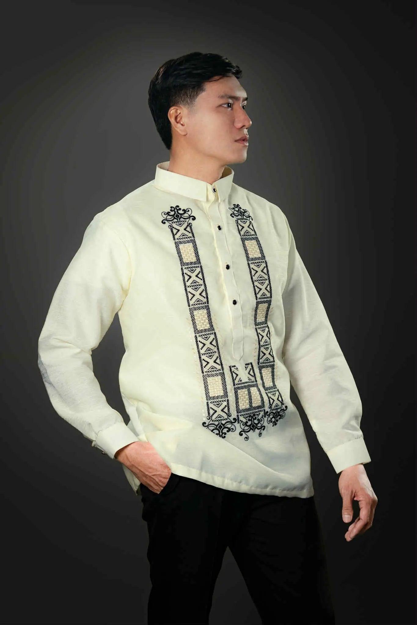 Men's GUEVARRA Jusilyn Barong Tagalog in Black - Sport Collar | by Mariqueño ( )