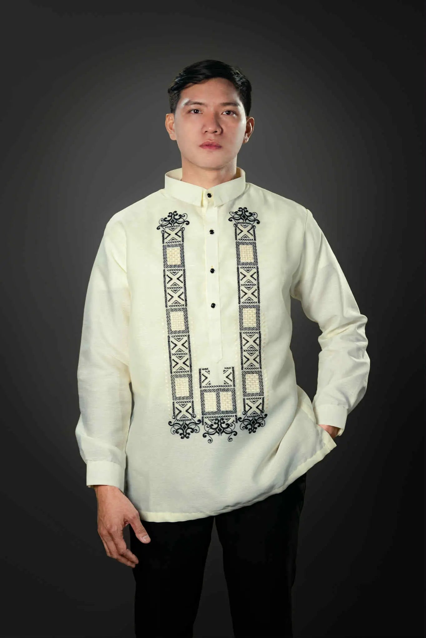 Men's GUEVARRA Jusilyn Barong Tagalog in Black - Sport Collar | by Mariqueño ( )
