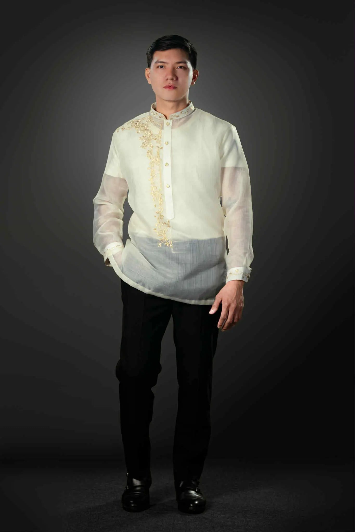 Men's SANTIAGO Piña Cocoon Barong Tagalog in Golden All-Over Embroidery - Chinese Collar | by Mariqueño ( )