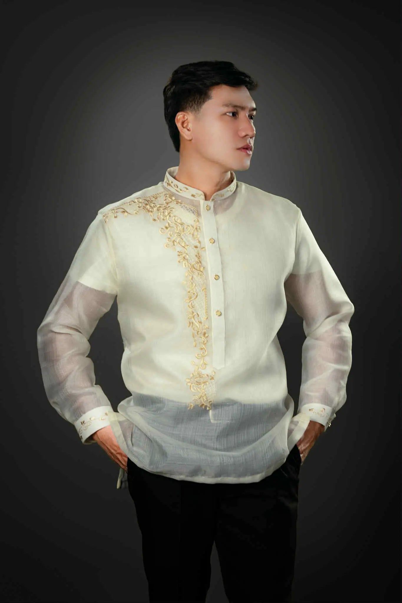 Men's SANTIAGO Piña Cocoon Barong Tagalog in Golden All-Over Embroidery - Chinese Collar | by Mariqueño ( )