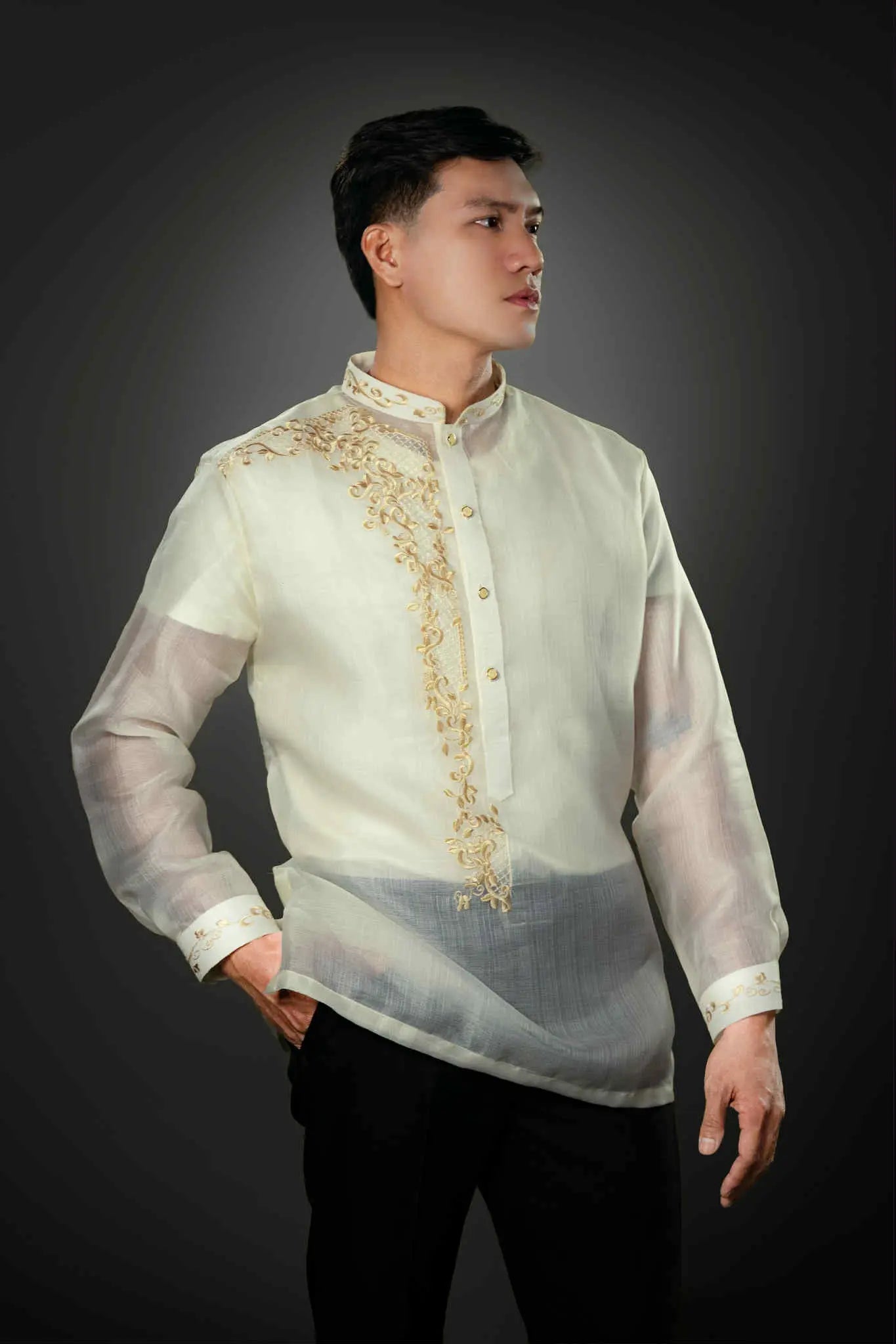 Men's SANTIAGO Piña Cocoon Barong Tagalog in Golden All-Over Embroidery - Chinese Collar | by Mariqueño ( )