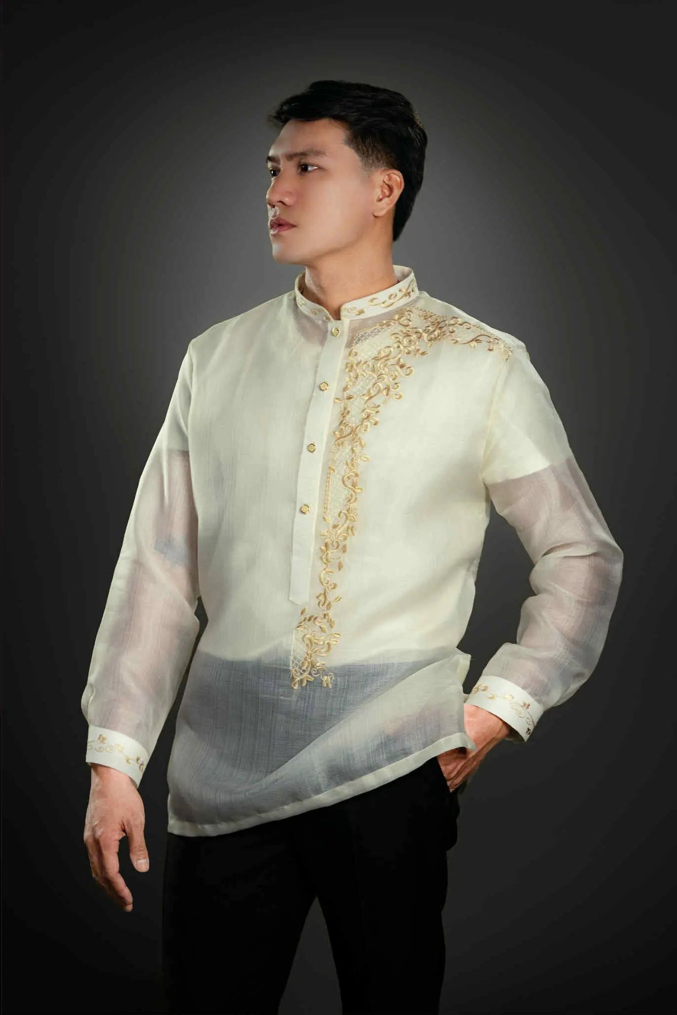 Men's SANTIAGO Piña Cocoon Barong Tagalog in Golden All-Over Embroidery - Chinese Collar | by Mariqueño ( )