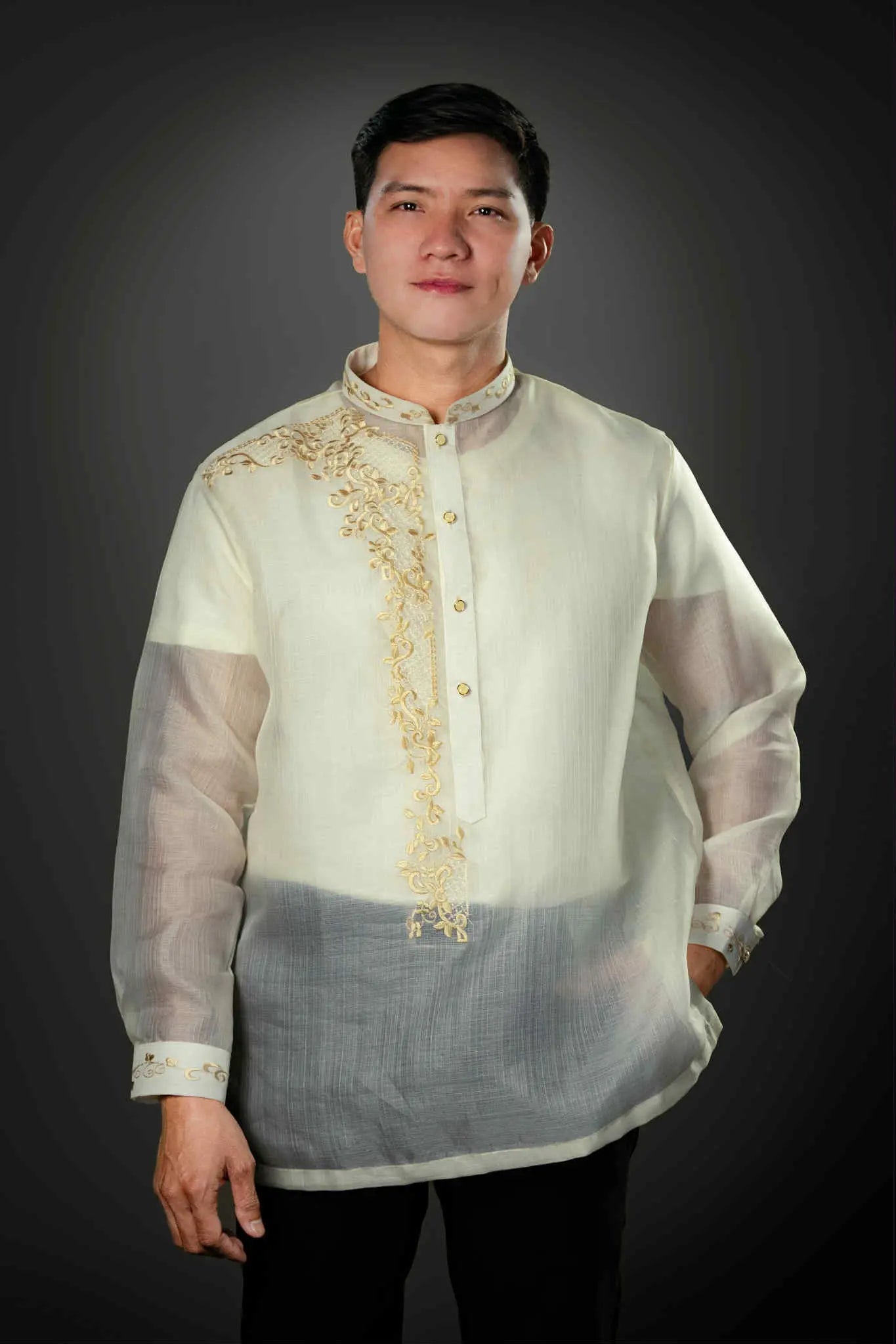 Men's SANTIAGO Piña Cocoon Barong Tagalog in Golden All-Over Embroidery - Chinese Collar | by Mariqueño ( )