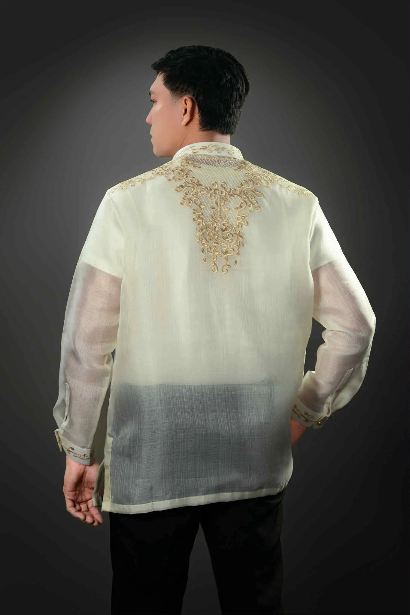 Men's SANTIAGO Piña Cocoon Barong Tagalog in Golden All-Over Embroidery - Chinese Collar | by Mariqueño ( )