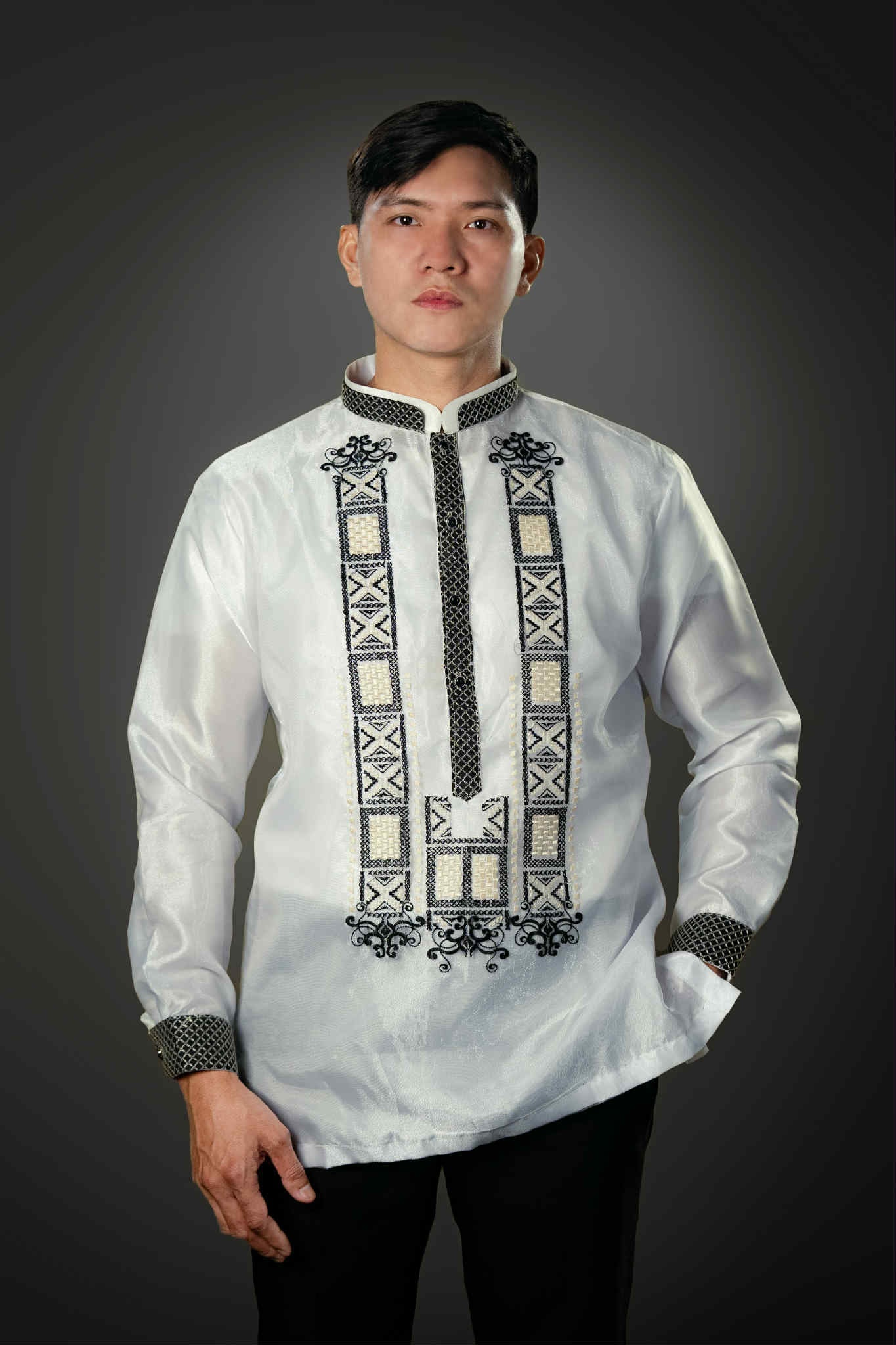 Men's GUEVARRA Piña Organza Barong Tagalog in Black - Chinese Collar by Mariqueño