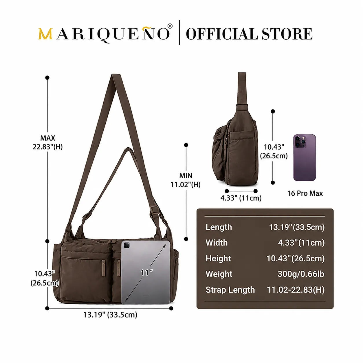 Brown bag with dimensions and features displayed on a white background, featuring the Mariqueno brand.
#color_coffee brown
