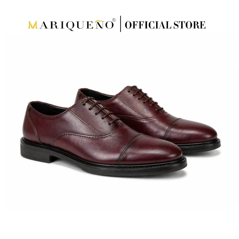 Pair of maroon leather shoes with 'Mariqueno Official Store' branding on a white background.
#color_oxblood