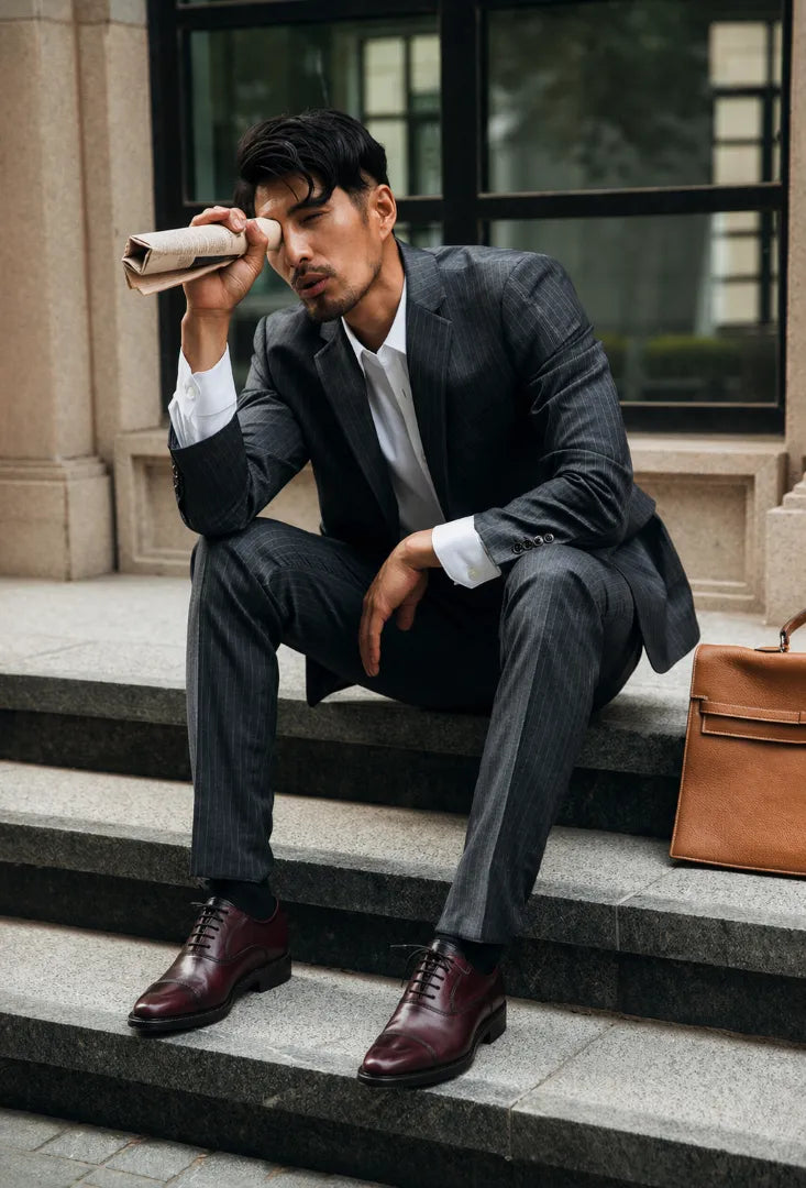 Man in a suit sitting on steps with a newspaper and leather bag
#color_oxblood
