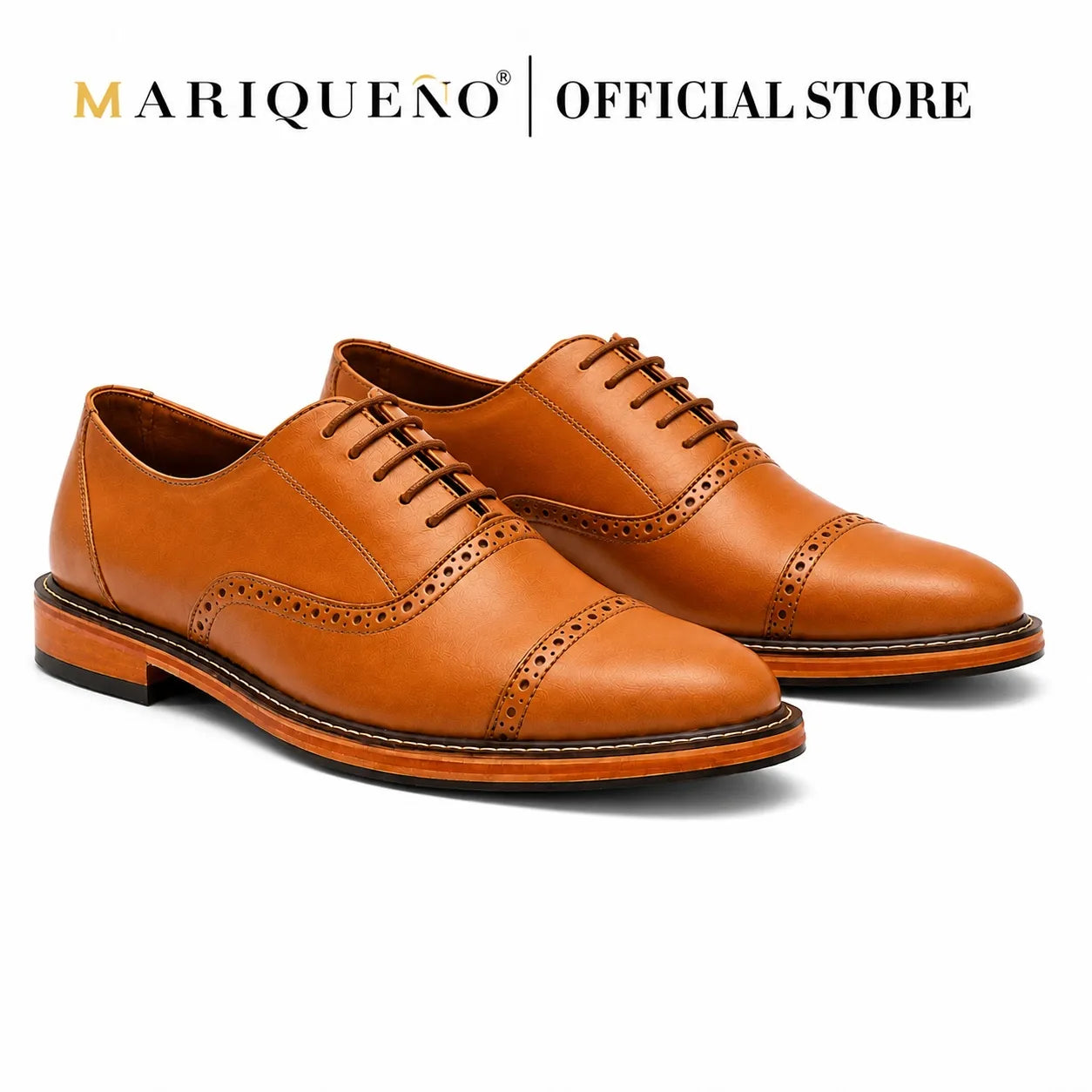 Pair of tan brown oxford leather shoes with 'Mariqueno' branding on a white background
#color_tan