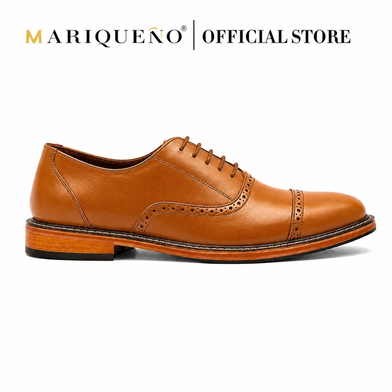 Oxford Tan Brown leather shoe on a white background with 'Mariqueno' branding.
#color_tan