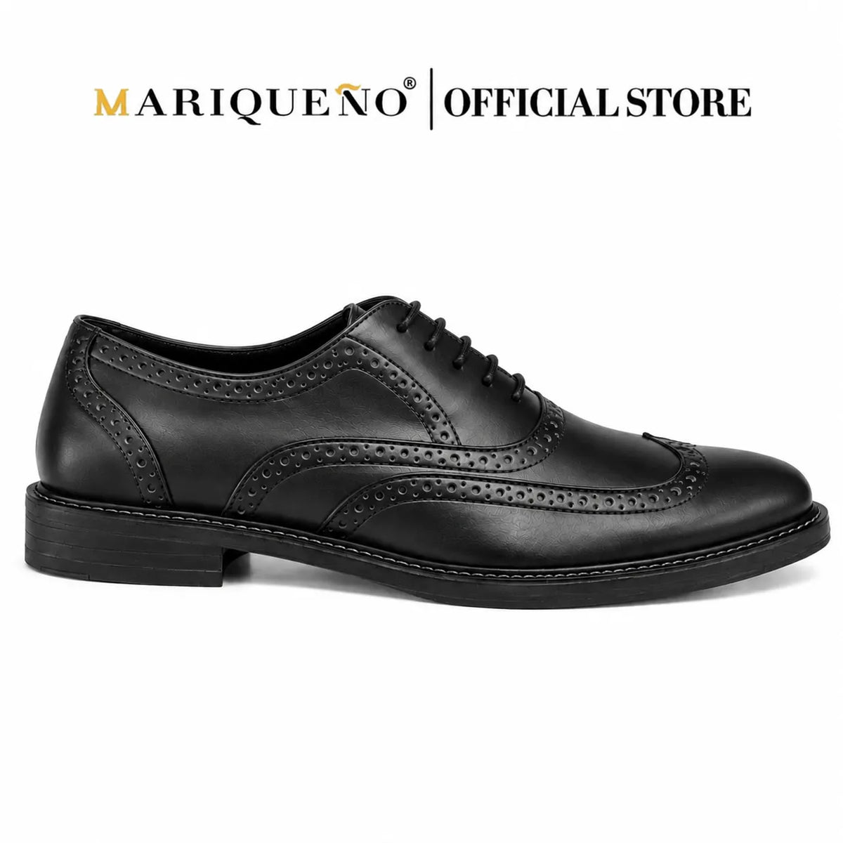 Black leather wingtip oxford shoe with 'Mariqueno' branding on a white background
#color_black
