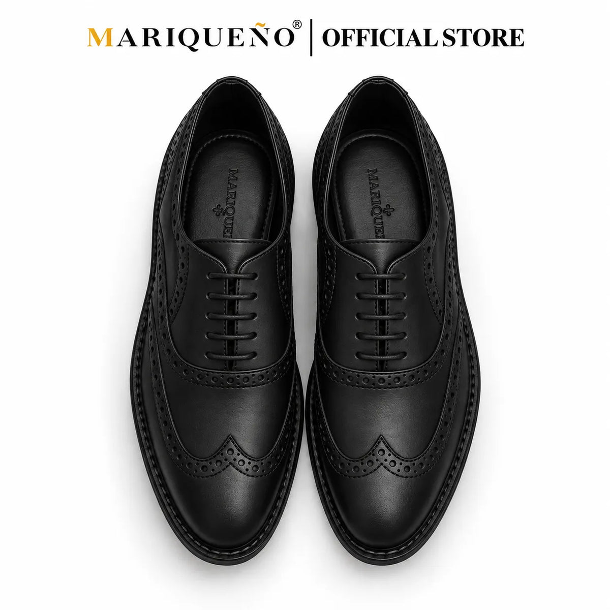 Black dress shoes with 'Marqueáno' branding on a white background
#color_black