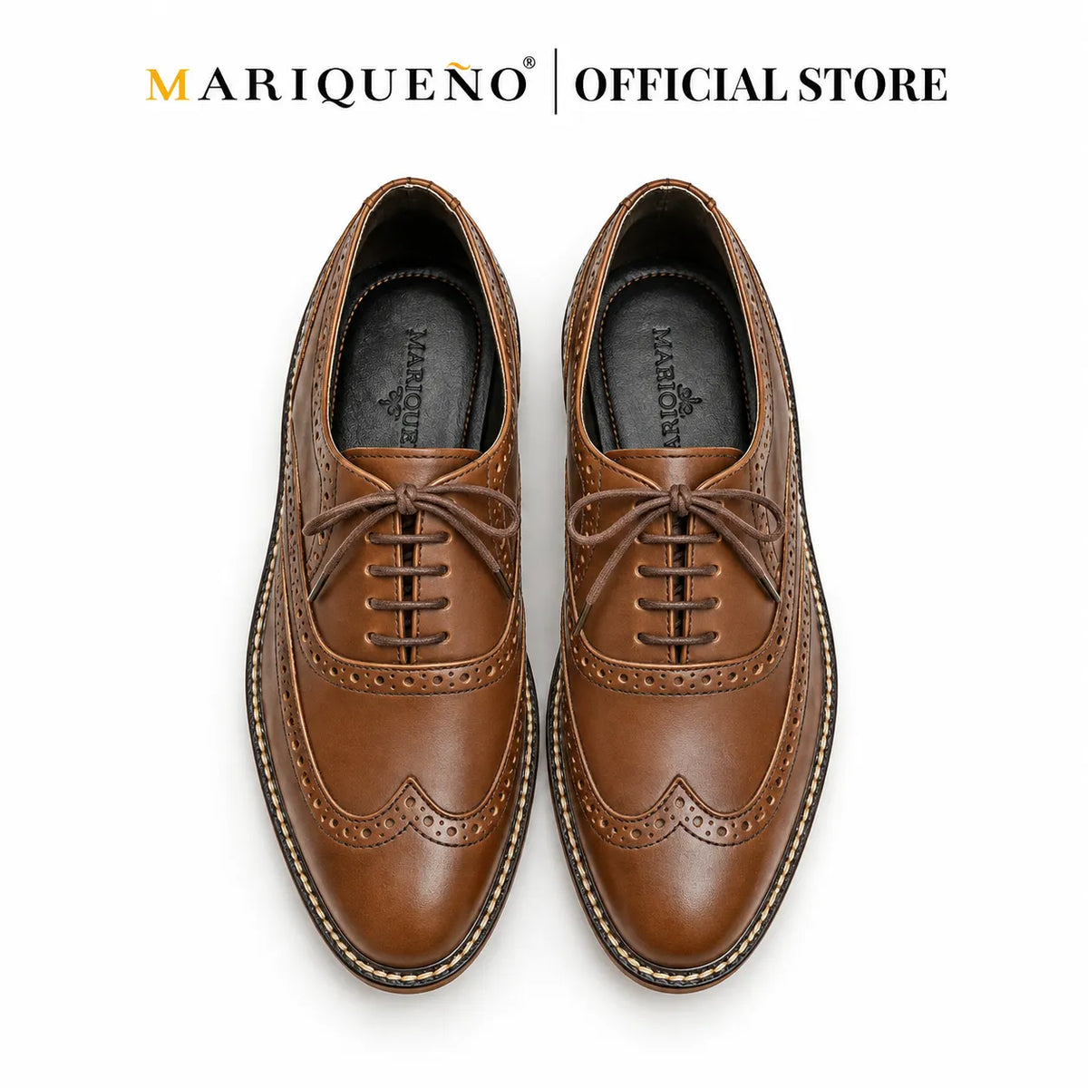 Pair of brown leather shoes with 'Mariqueno' branding on a white background
#color_walnut