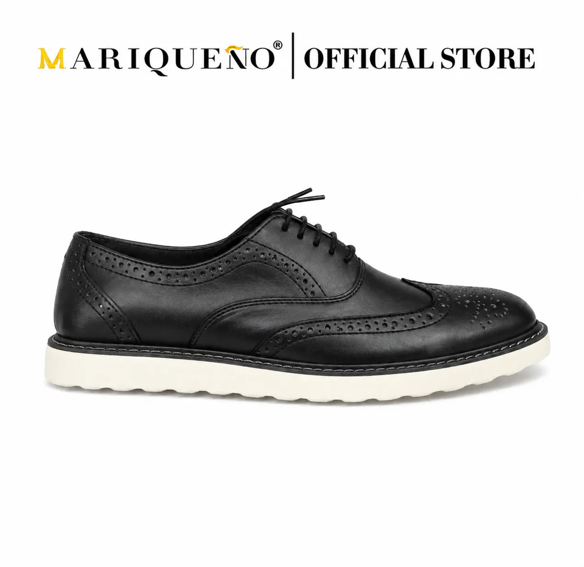 Black leather wingtip shoe with white rubber sole on a white background, featuring the Mariqueno brand.
#color_black