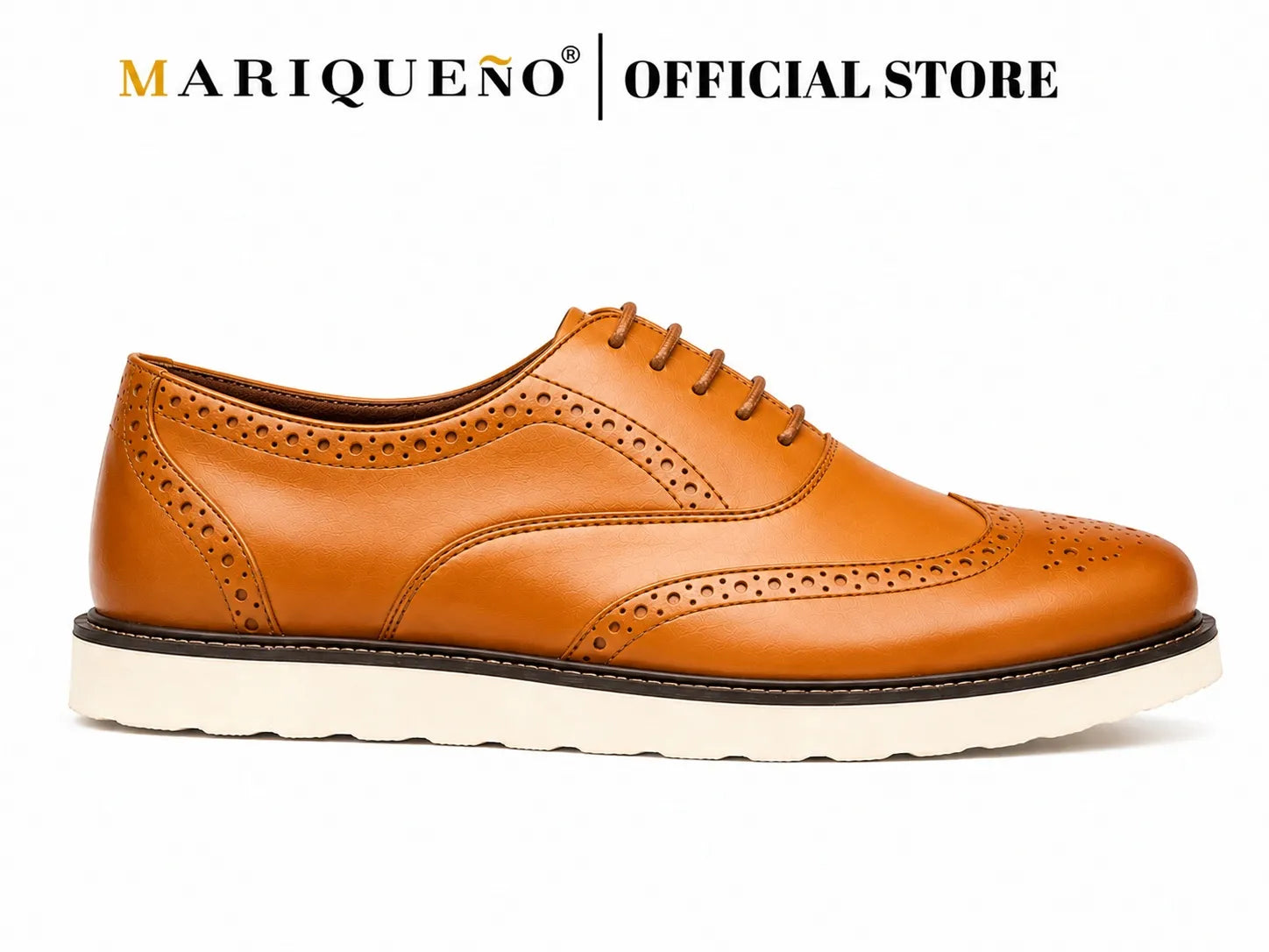 Tan brown leather shoe with white rubber sole on a white background, branded as Mariqueno.
#color_tan