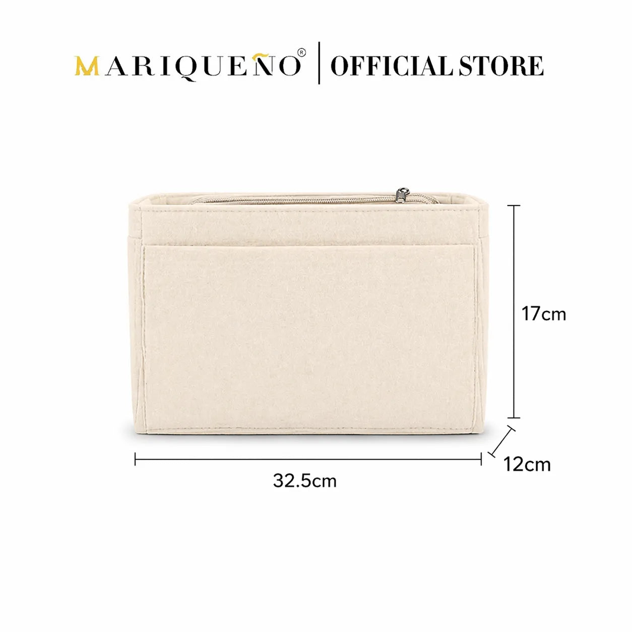Beige pouch with dimensions labeled, branded as Mariqueno Official Store.
#color_cream