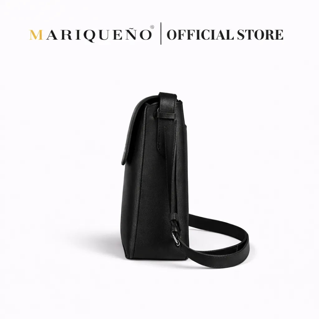 Black leather crossbody bag on a white background with 'Mariqueno Official Store' branding.
#color_black