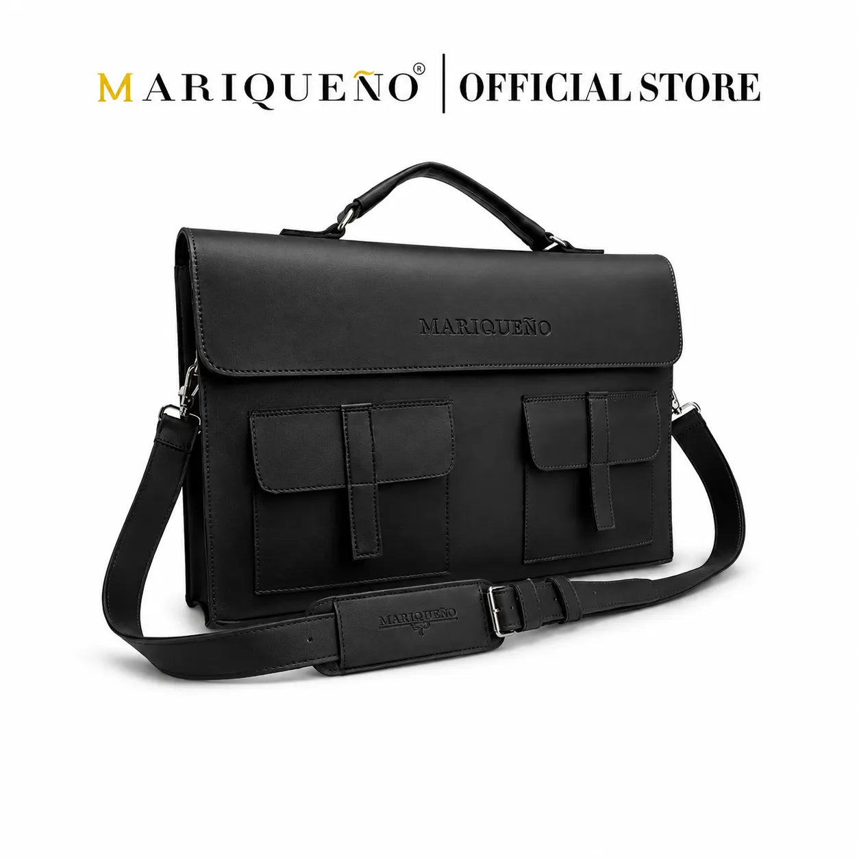Black leather briefcase with 'Mariqueno' branding on a white background
#color_black