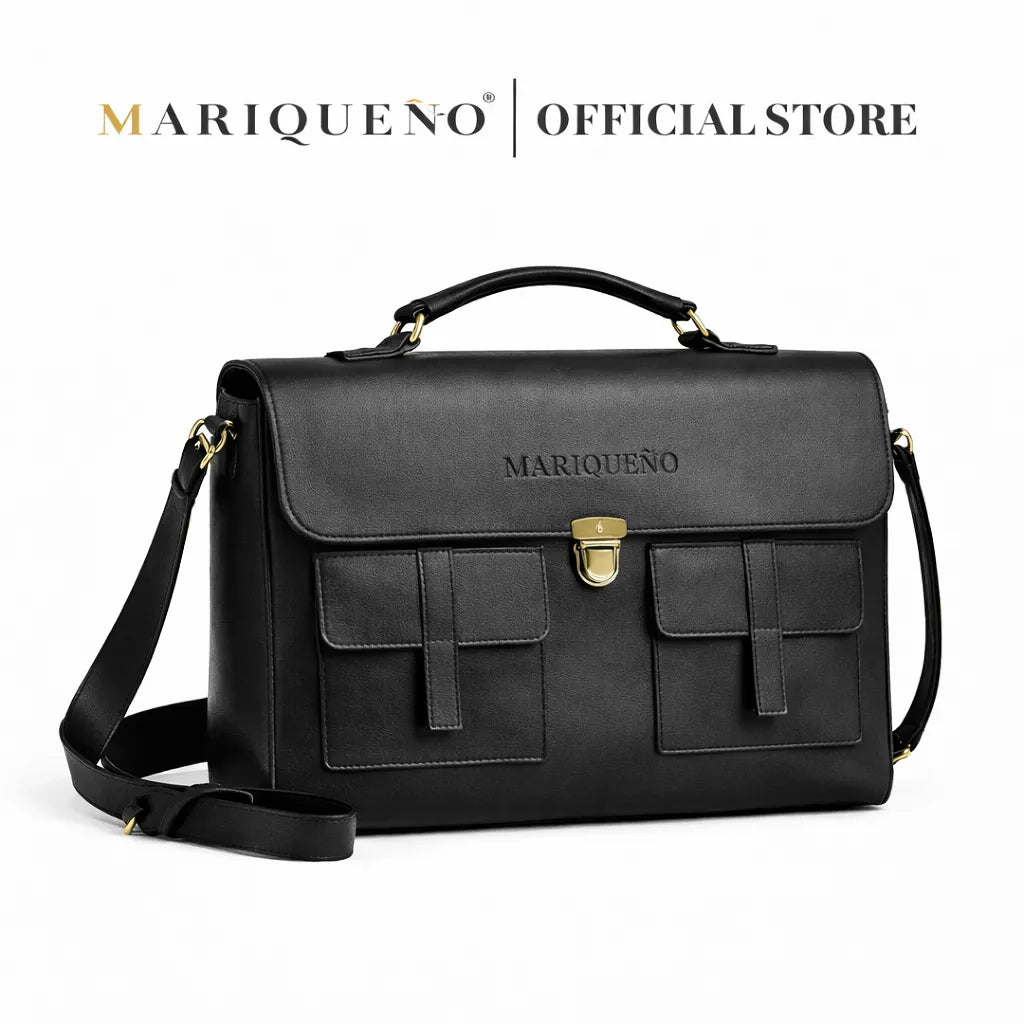 Black leather bag with gold accents and 'Mariqueno' branding on a white background
#color_black