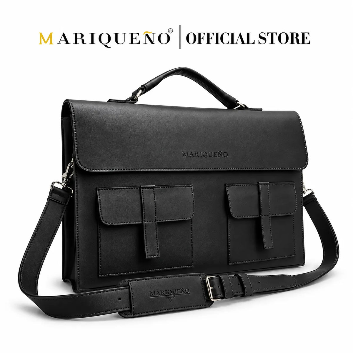 Black leather briefcase with 'Mariqueno' branding on a white background
#color_black