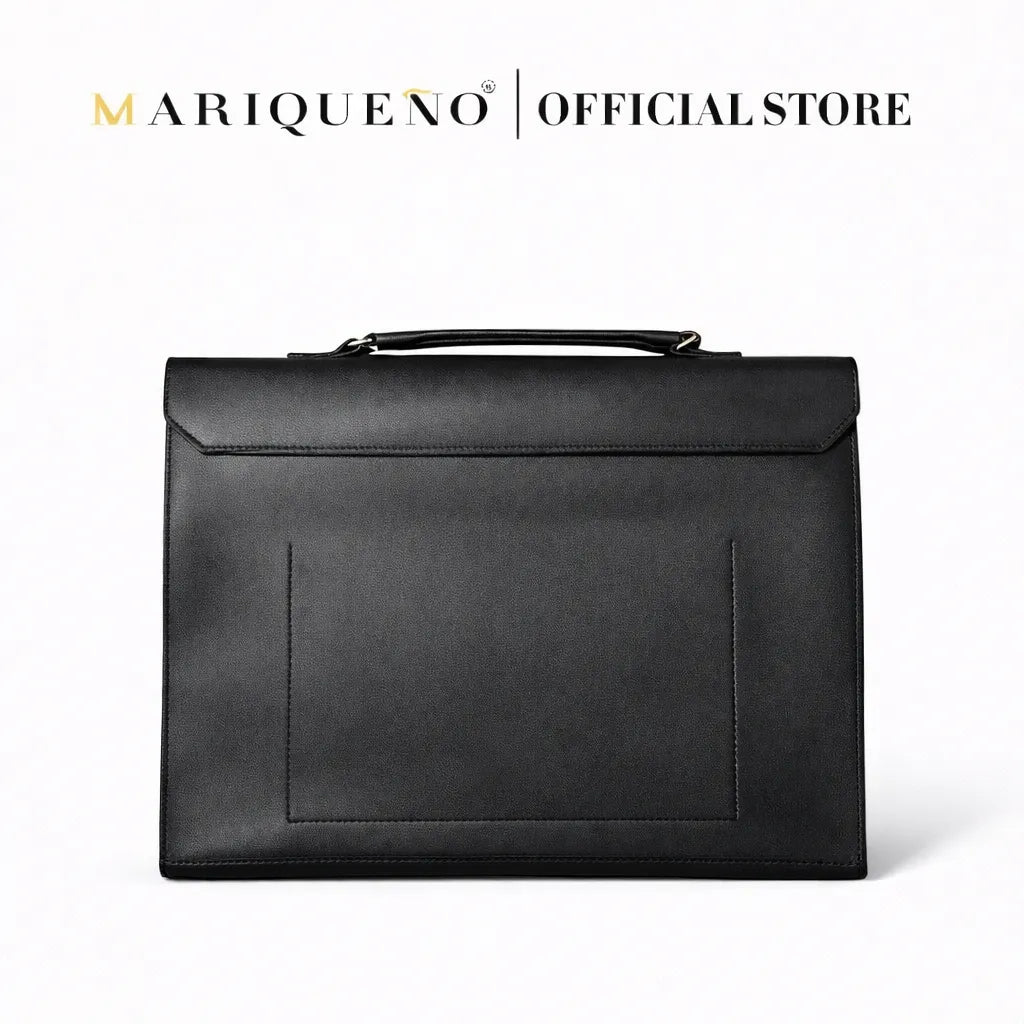 Black leather briefcase on a white background with 'Mariqueno' branding.
#color_black