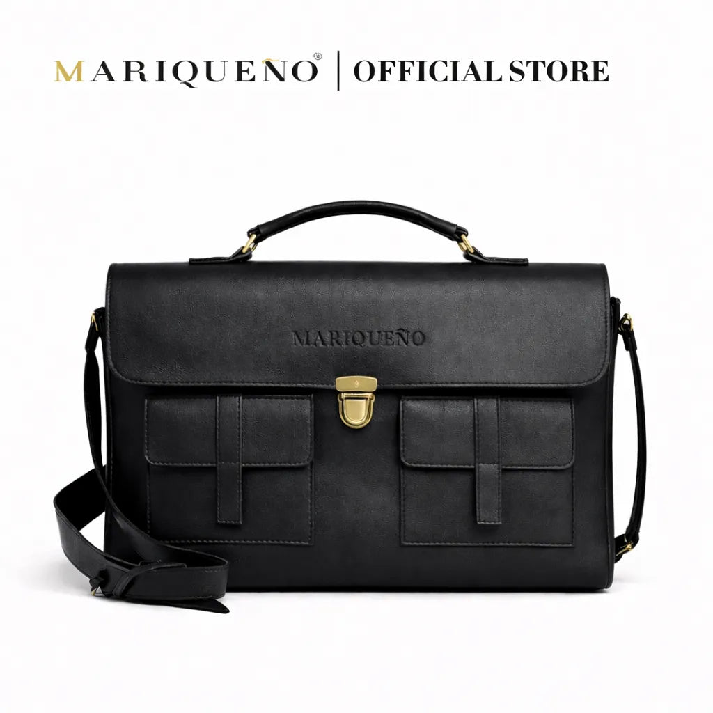 Black leather bag with gold hardware on a white background, featuring the Mariqueno brand.
#color_black