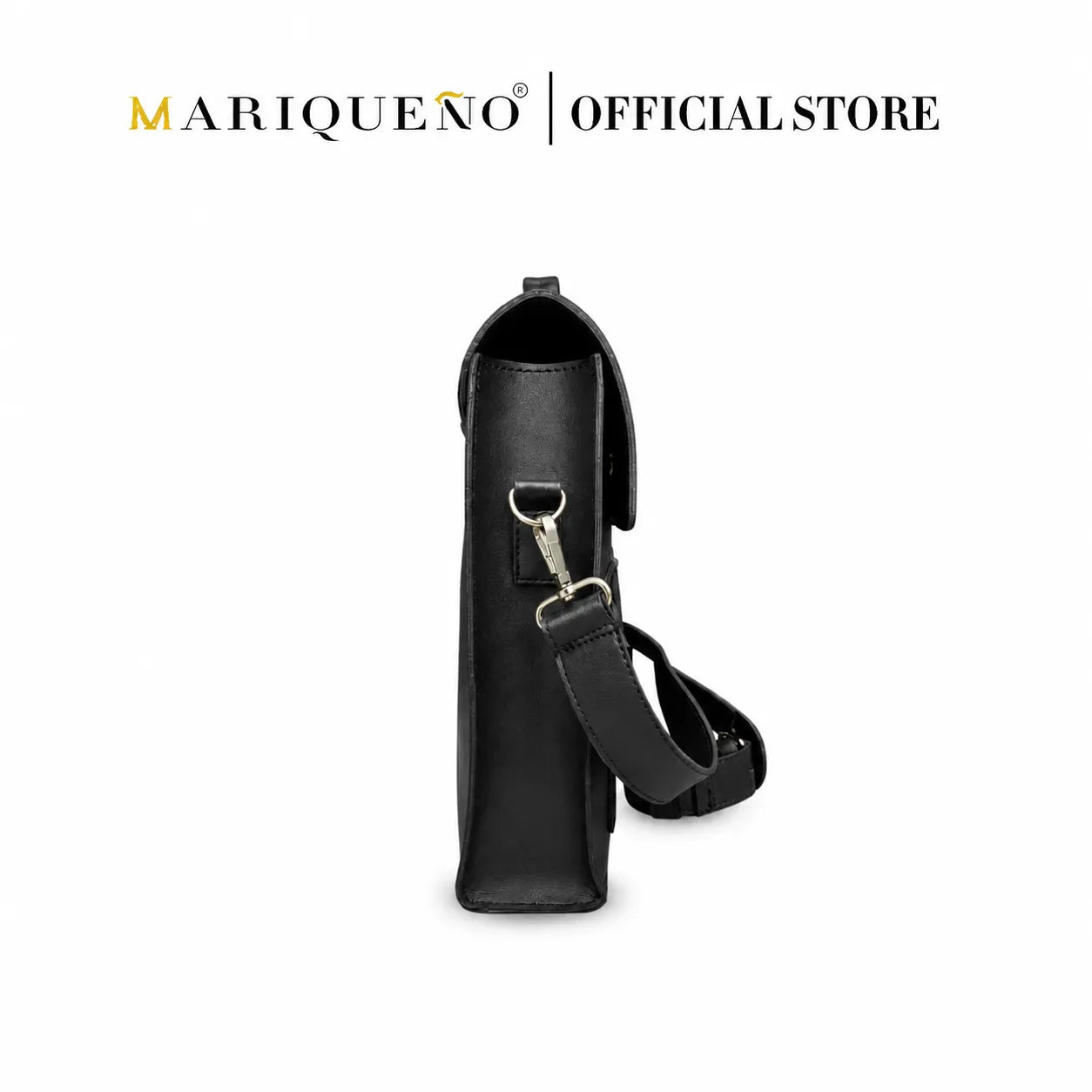 Black leather bag with a bottle opener on a white background, branded as Mariqueno.
#color_black