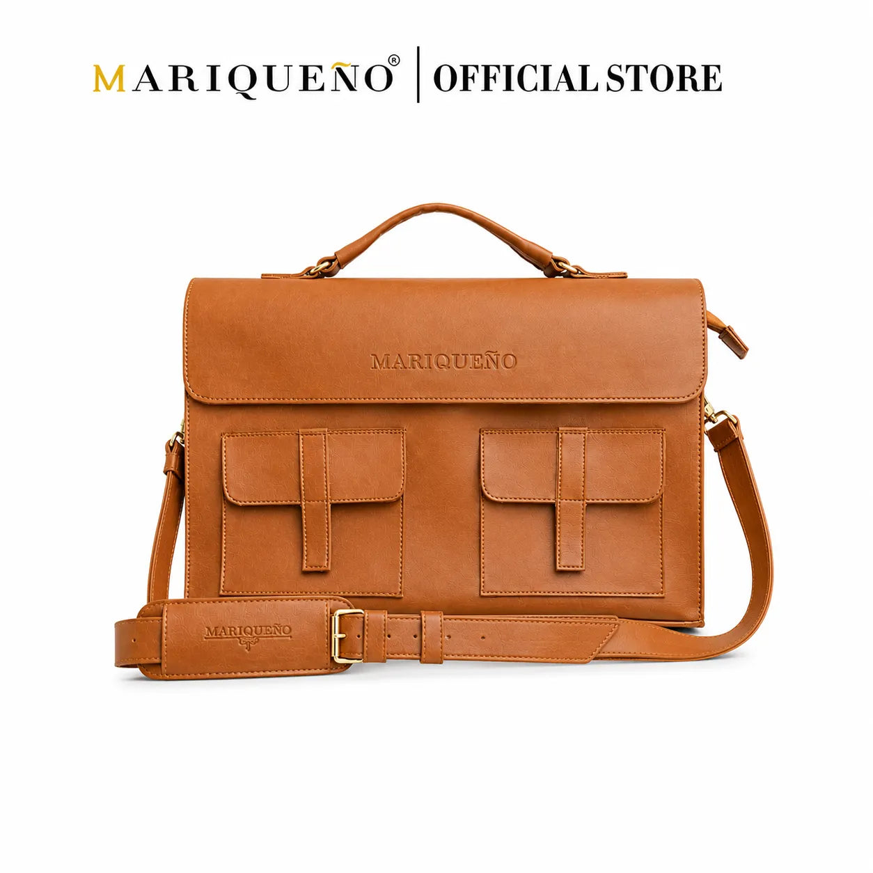 Brown leather bag with 'Mariqueno' branding on a white background
#color_tan