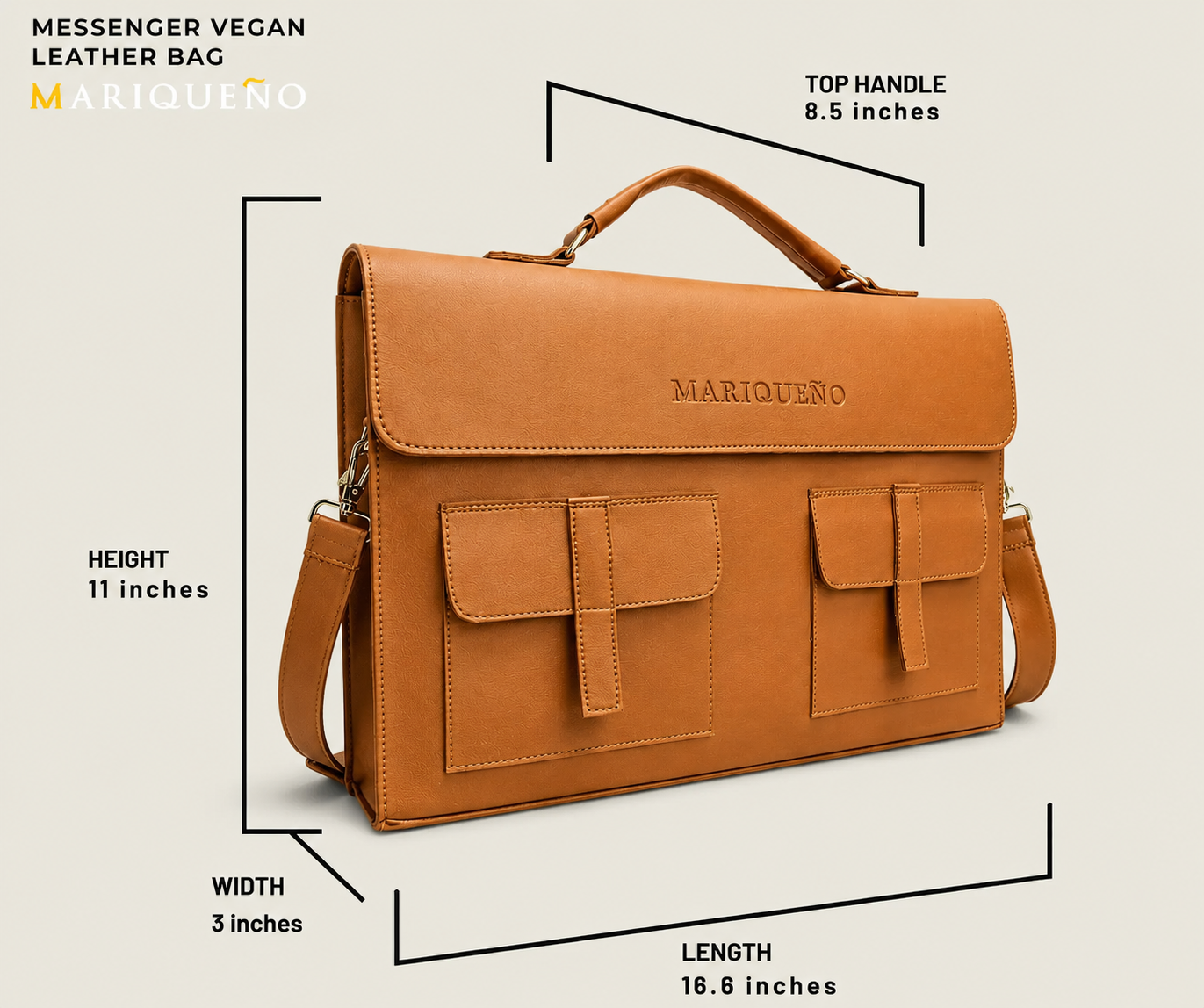 Brown leather bag with dimensions and 'Mariqueno' branding on a beige background
#color_tan